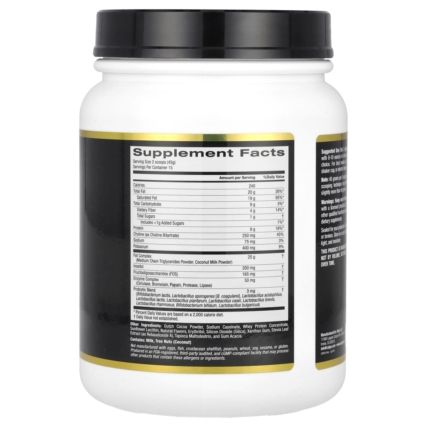 California Gold Keto Shake, Chocolate, 1.49 lb (675 g) - Low Glycemic, Probiotic & Enzyme Blend - Image 2