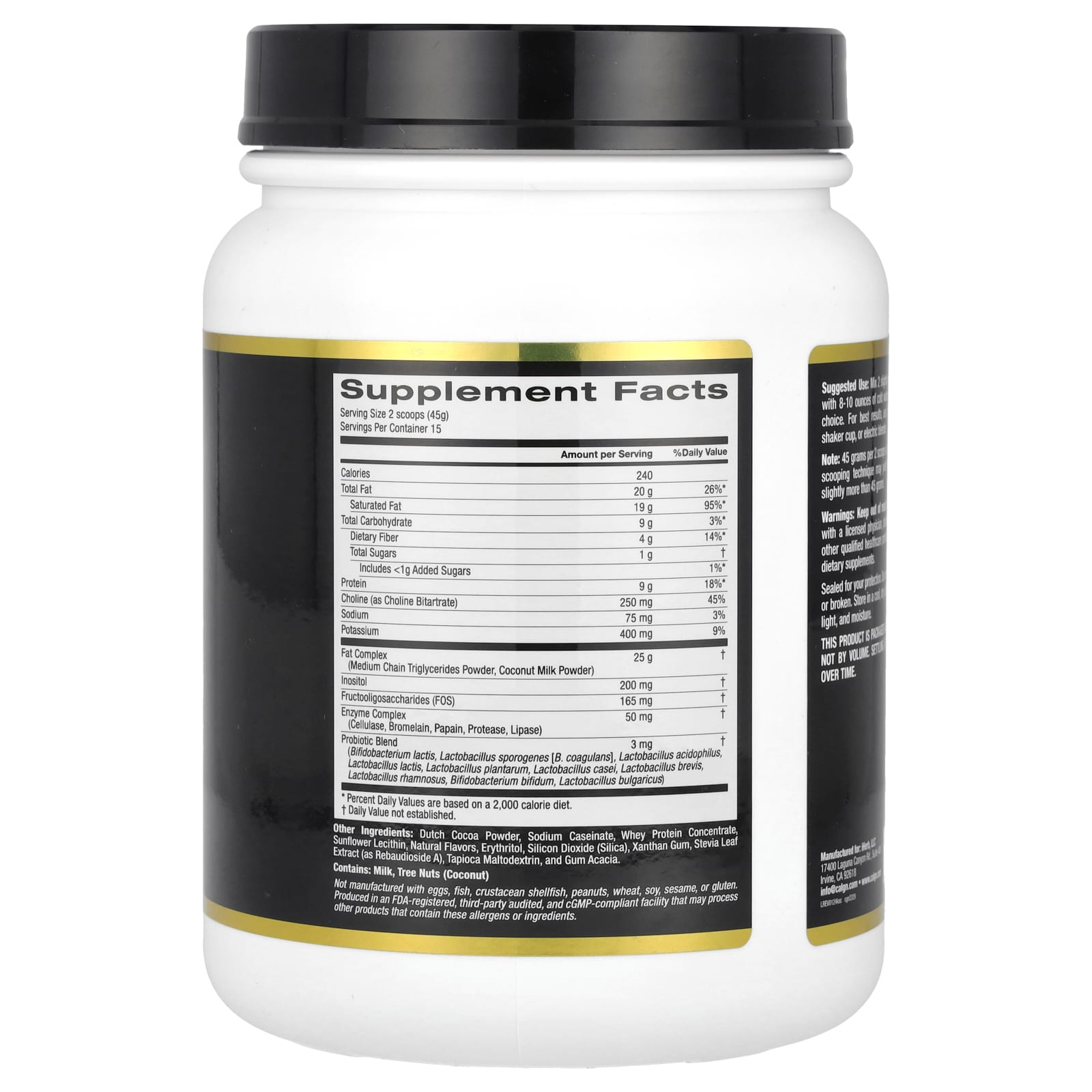 California Gold Keto Shake, Chocolate, 1.49 lb (675 g) - Low Glycemic, Probiotic & Enzyme Blend - Image 2
