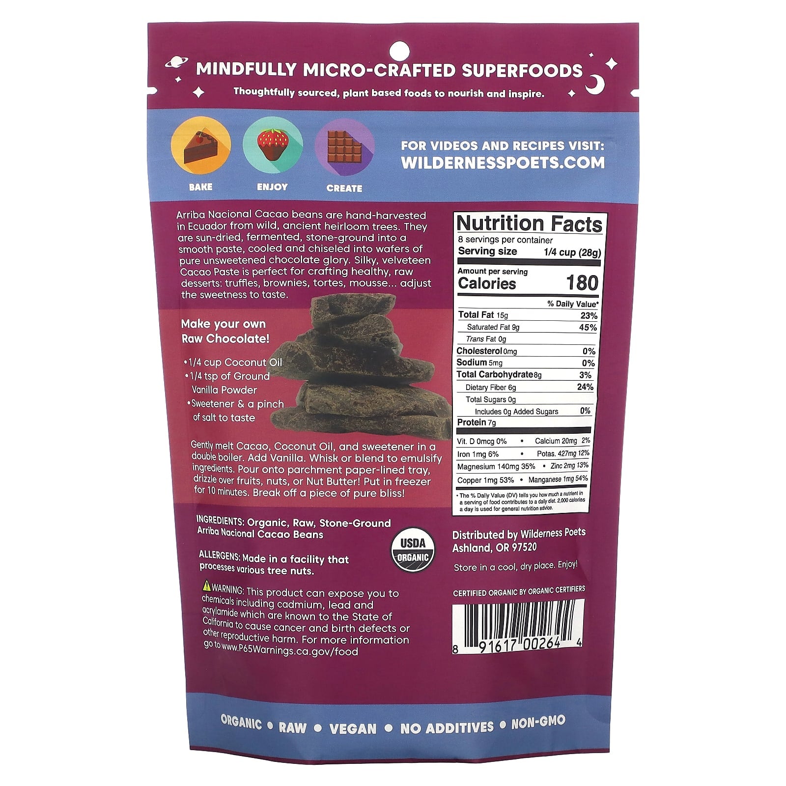 Wilderness Poets, Organic Arriba Nacional Cacao Paste, Dark Chocolate, 8 oz (226 g) - Image 2