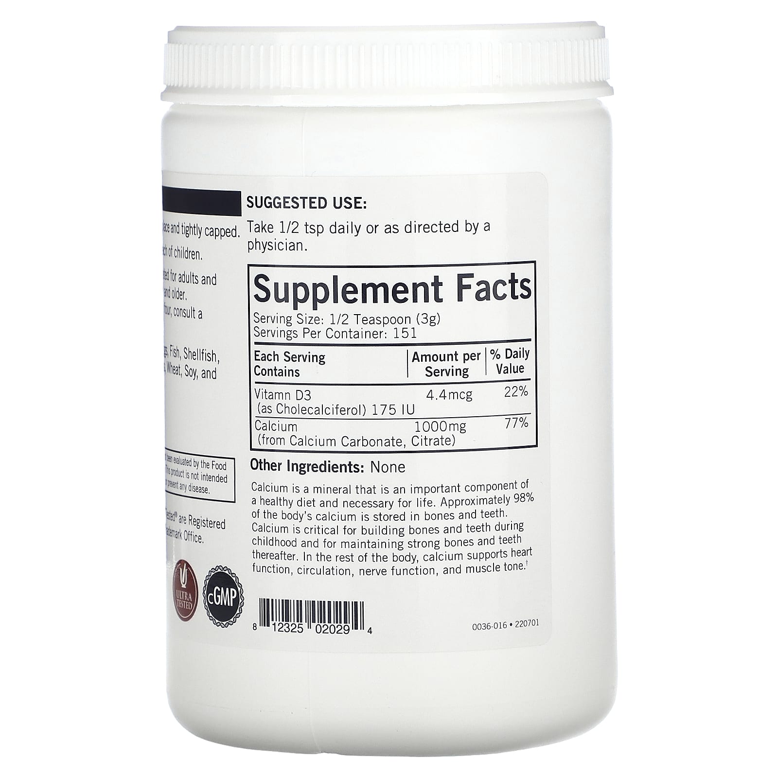 Kirkman Labs, Calcium Powder Plus Vitamin D-3, Unflavored, 16 oz (454 g) - Image 2