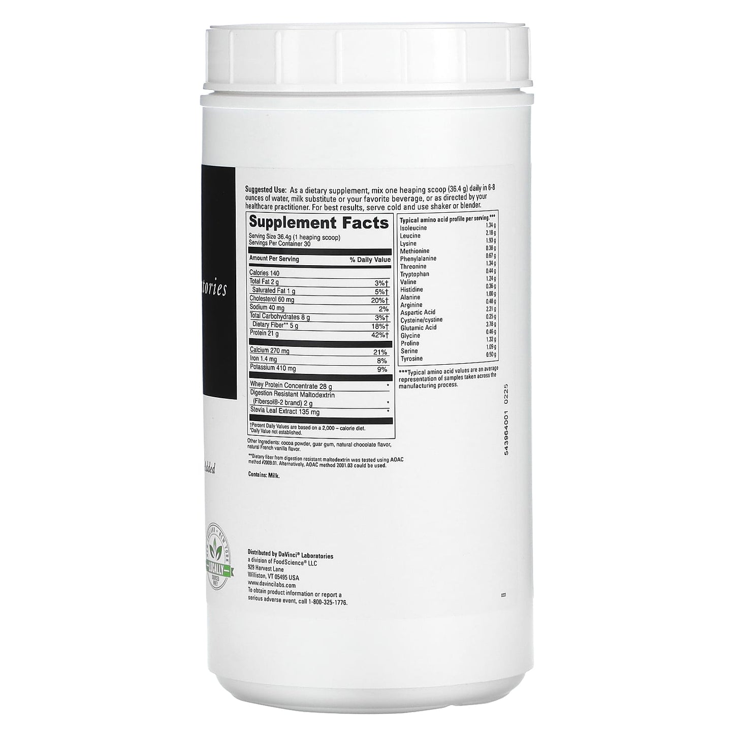 DaVinci Laboratories Creamy Chocolate Whey Protein Powder, 21g Protein, 2g Fiber, Gluten-Free - Image 2