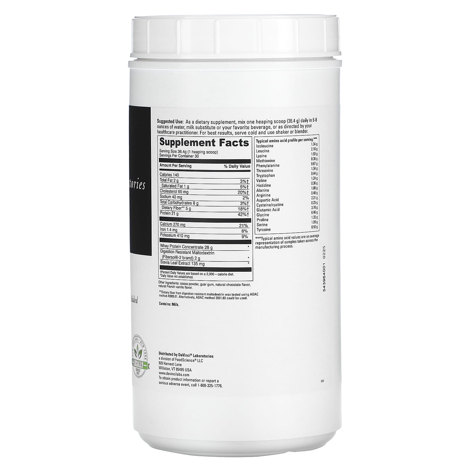 DaVinci Laboratories Creamy Chocolate Whey Protein Powder, 21g Protein, 2g Fiber, Gluten-Free - Image 2