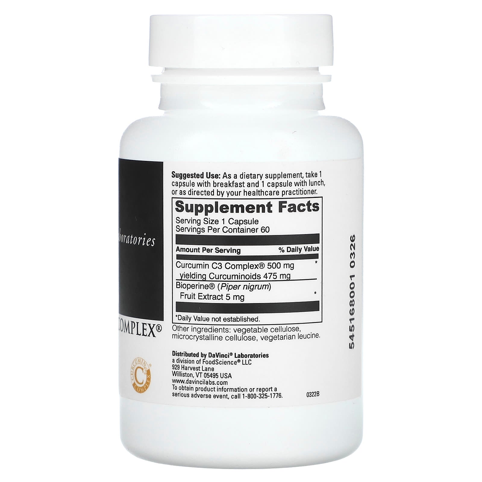 DaVinci Laboratories Curcumin C3 Complex Brain Health Supplement, 500mg, 60 Capsules - Image 2