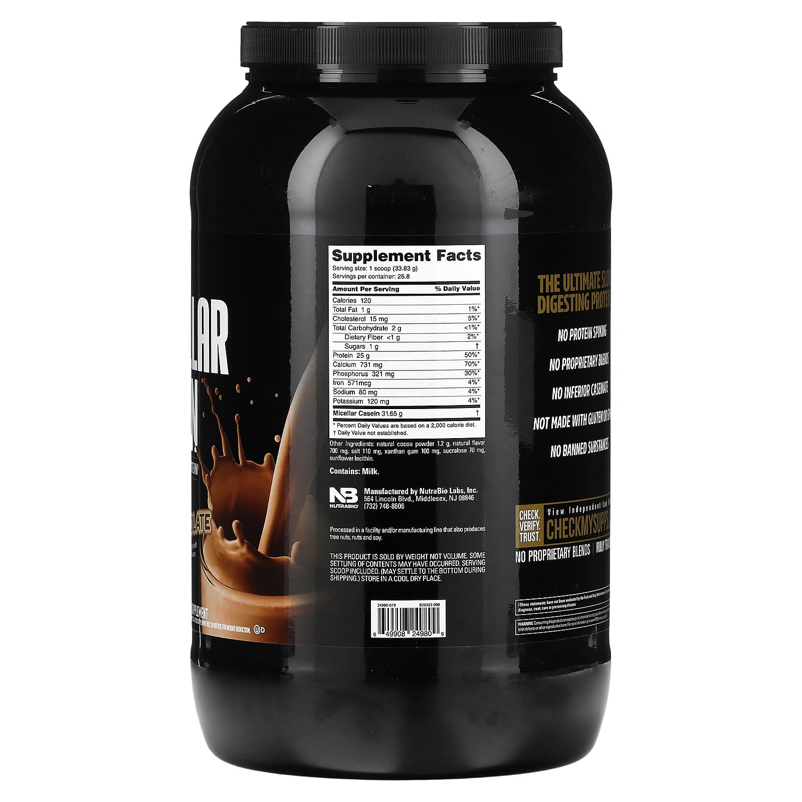 NutraBio, Micellar Casein, Dutch Chocolate, 2 lb (907 g) - Image 2