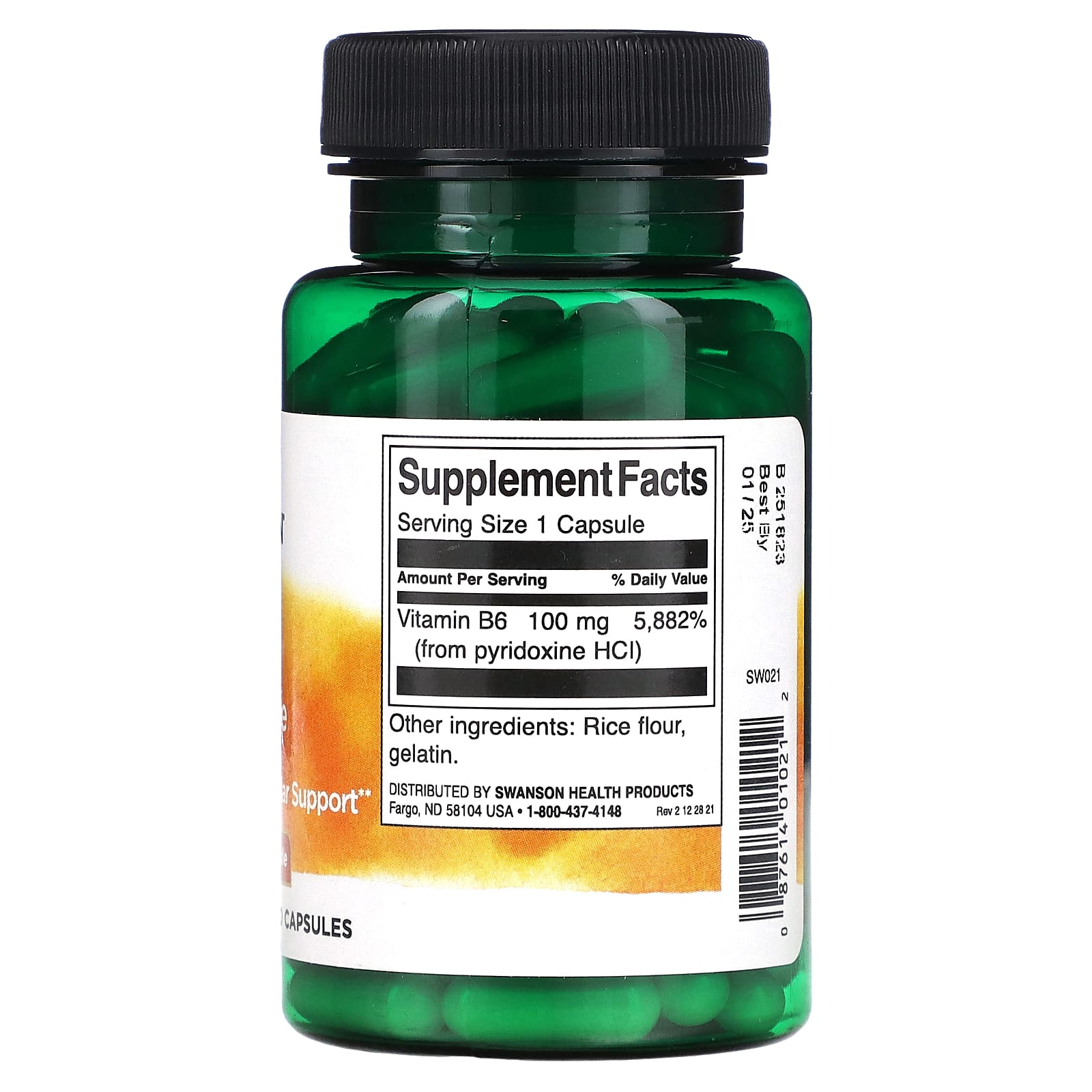 Swanson, B6 Pyridoxine, 100 mg, 100 Capsules - Image 2