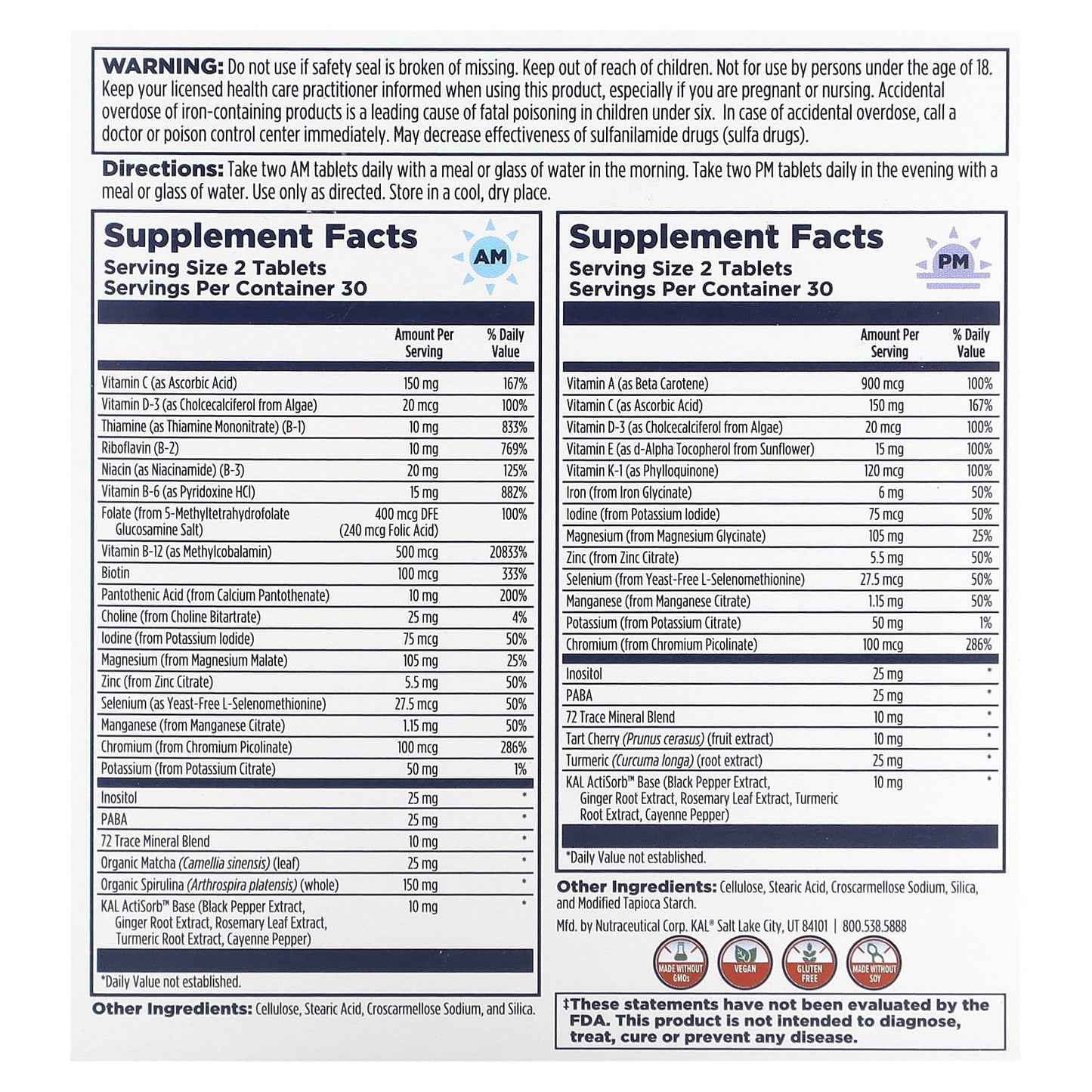 KAL, Multivitamin, Morning & Evening, 2 Pack, 60 Tablets Each - Image 2