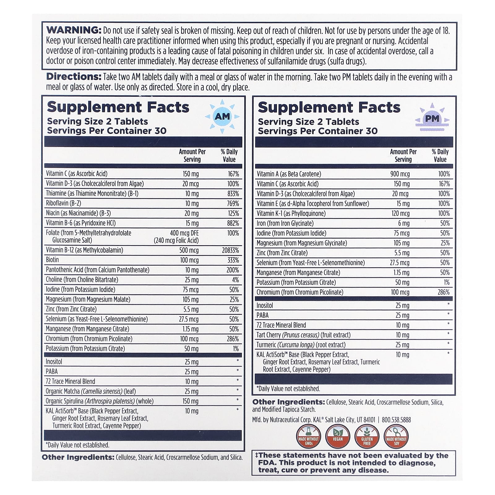 KAL, Multivitamin, Morning & Evening, 2 Pack, 60 Tablets Each - Image 2