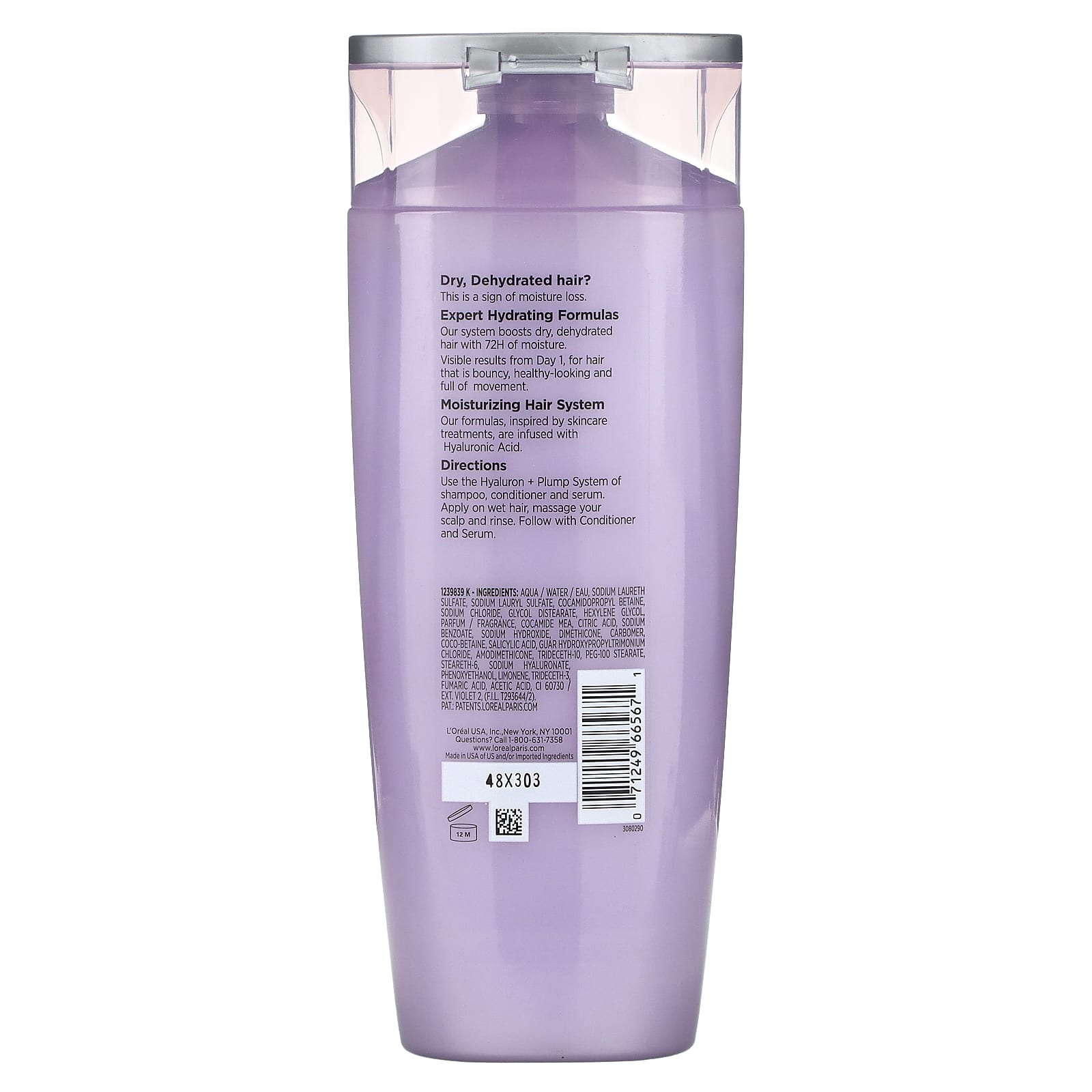 L'Oréal, Elvive, Hyaluron + Plump, 72H Hydrating Shampoo, Dry, Dehydrated Hair, 12.6 fl oz (375 ml) - Image 2