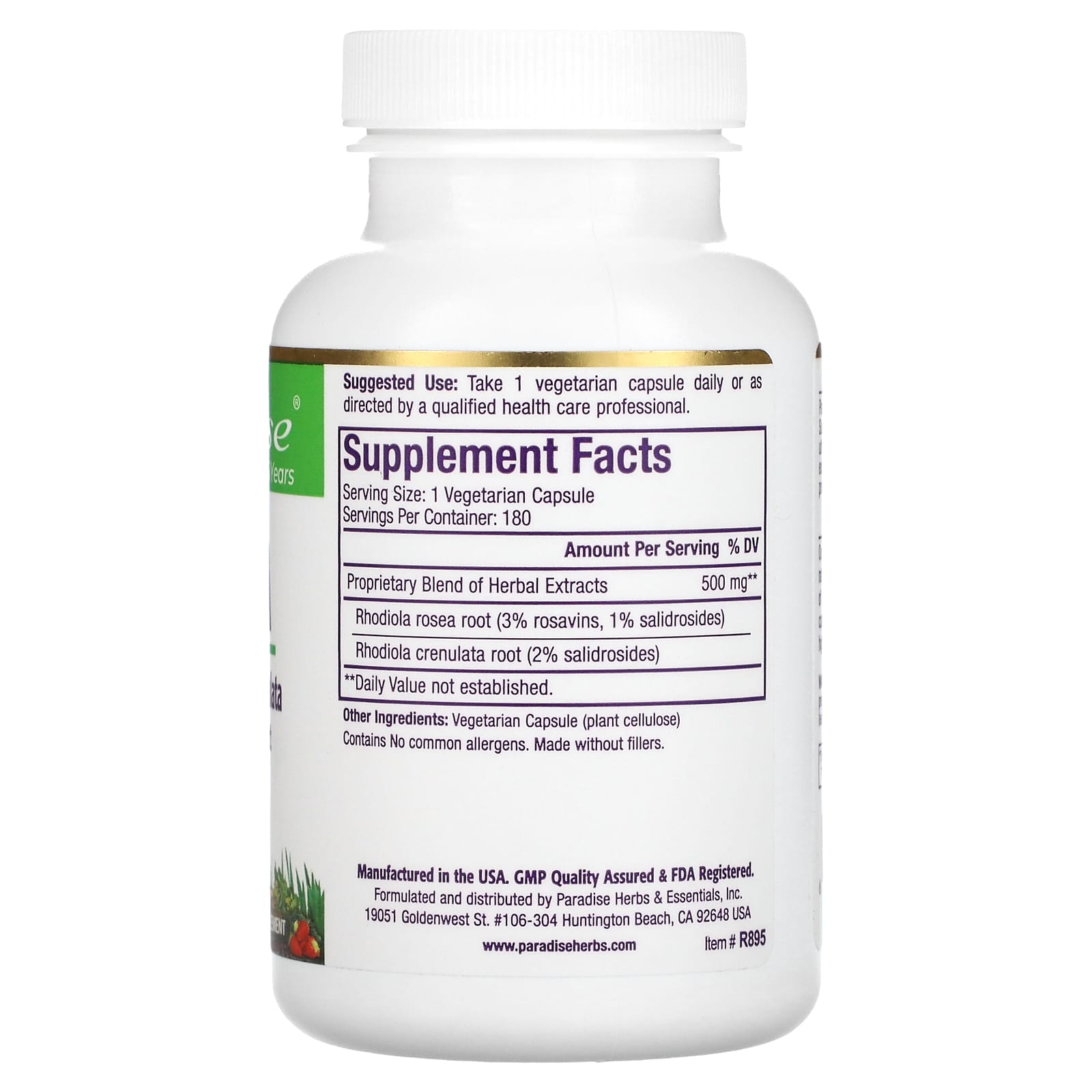 Paradise Herbs, Rhodiola , 180 Vegetarian Capsules - Image 2
