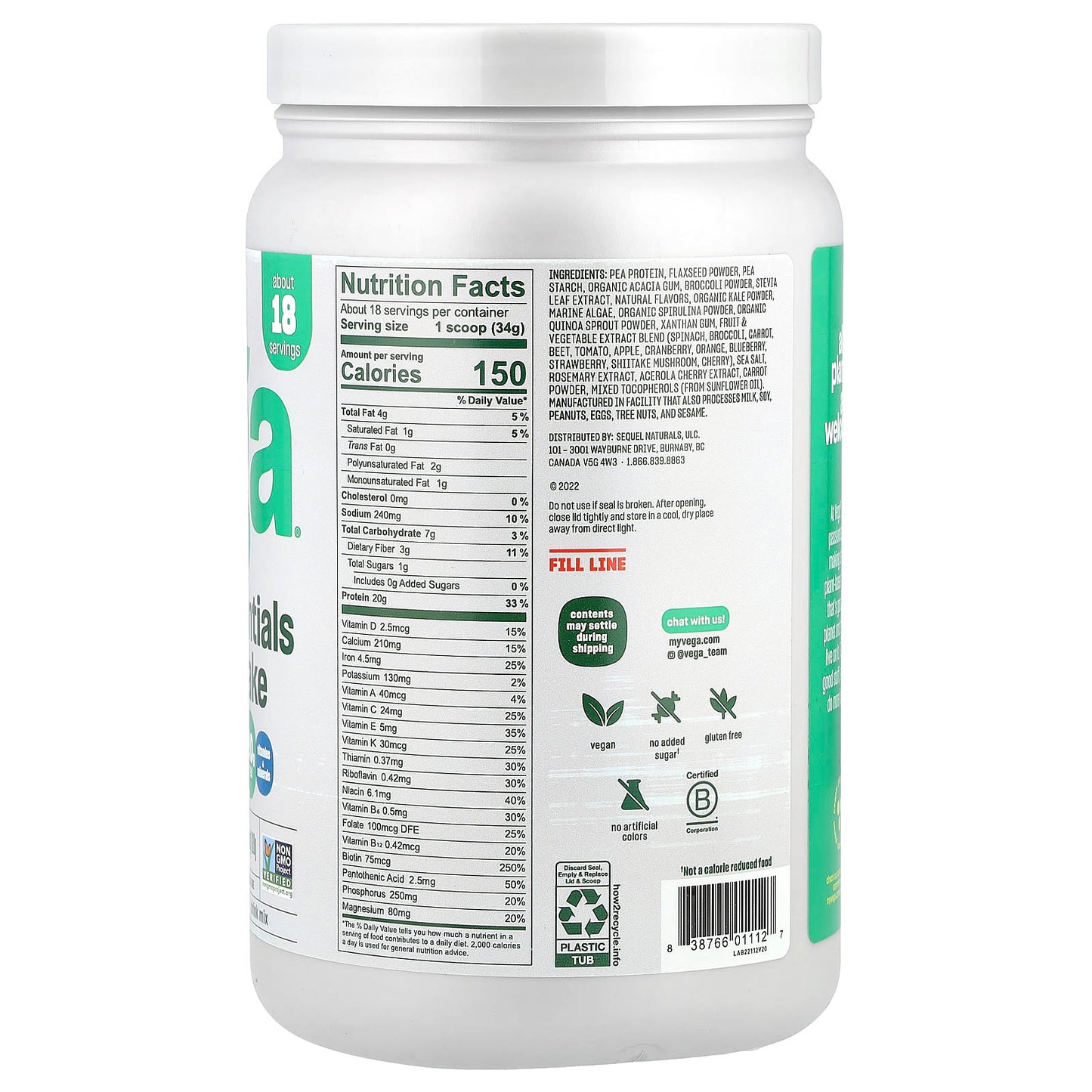 Vega, Plant-Based Essentials Shake, Vanilla, 1 lb 5.9 oz (619 g) - Image 2