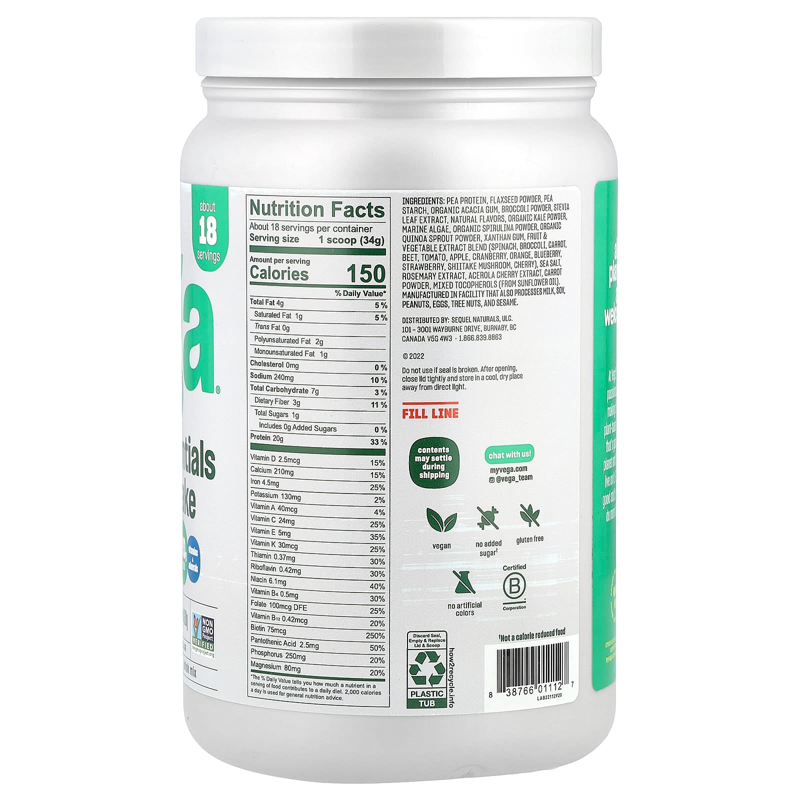 Vega, Plant-Based Essentials Shake, Vanilla, 1 lb 5.9 oz (619 g) - Image 2