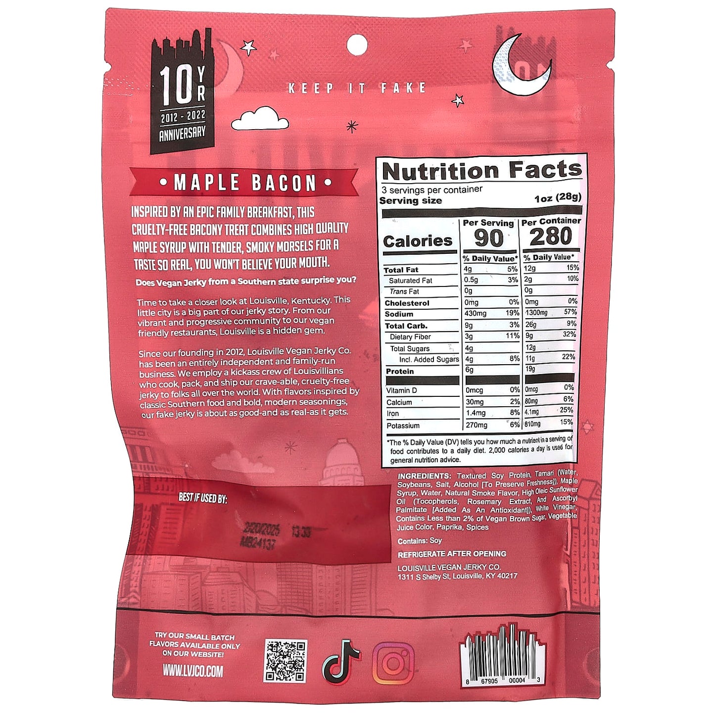 Louisville Vegan Jerky Co, Soy Jerky, Maple Bacon, 3 oz (85.05 g) - Image 2