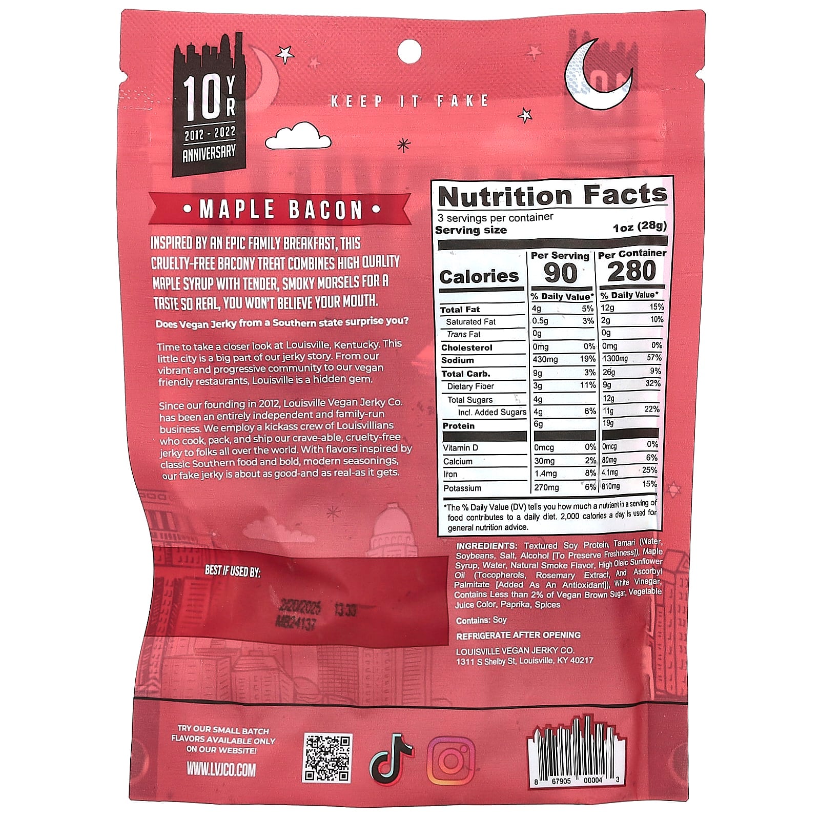 Louisville Vegan Jerky Co, Soy Jerky, Maple Bacon, 3 oz (85.05 g) - Image 2