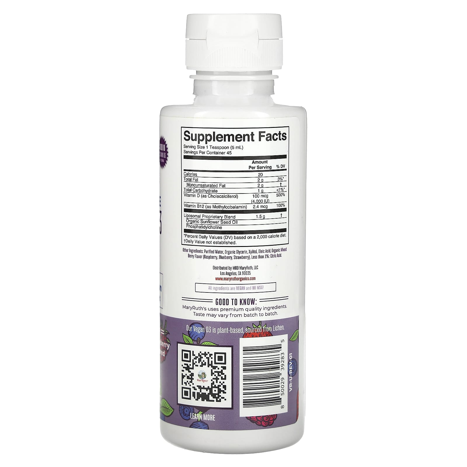 MaryRuth's, Megadose Vitamin D3, Liposomal, Mixed Berry, 4,000 IU, 7.6 fl oz (225 ml) - Image 2