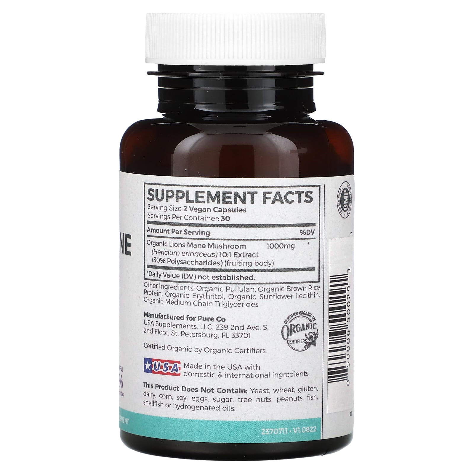 Pure Co., Organic Lions Mane, 60 Vegan Capsules (500 mg per Capsule) - Image 2