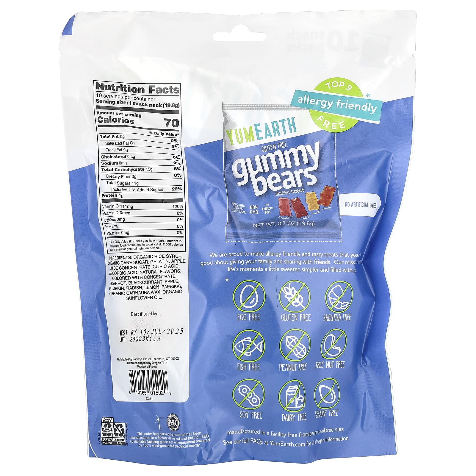 YumEarth, Gluten Free Gummy Bears, Strawberry, Cherry, Mango, Peach, 10 Snack Packs, 0.7 oz (19.8 g) Each - Image 2