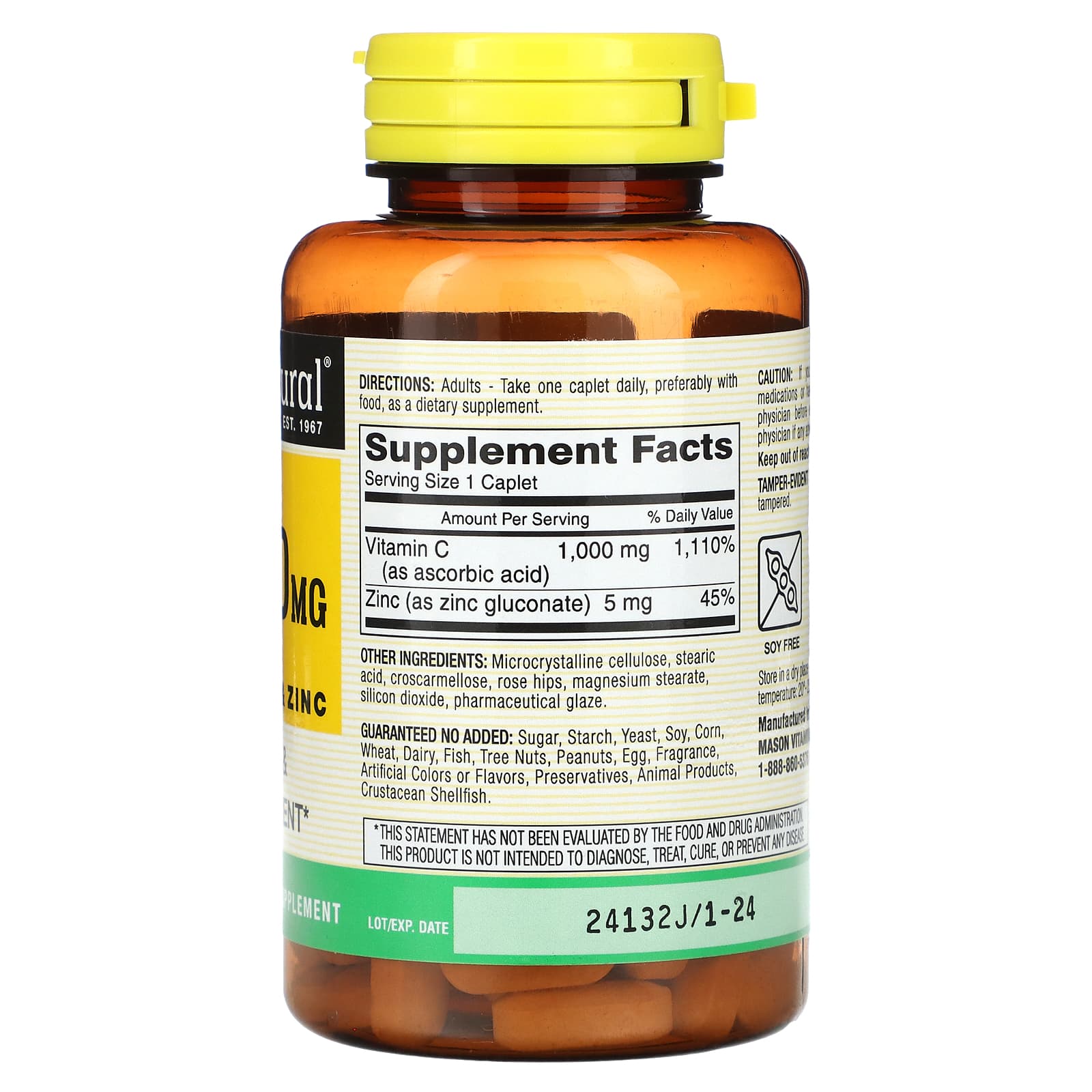Mason Natural, Vitamin C with Rose Hips & Zinc, 1,000 mg, 100 Caplets - Image 2