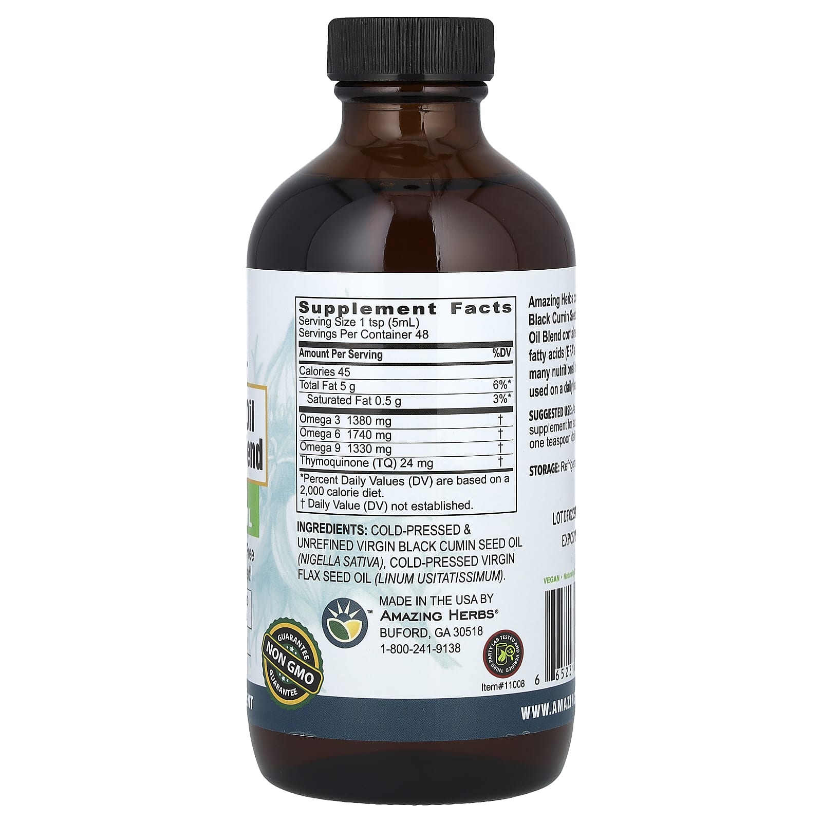 Black Seed Oil Blend with Flax Seed Oil - 8 fl oz (240 ml) - Amazing Herbs - Image 2