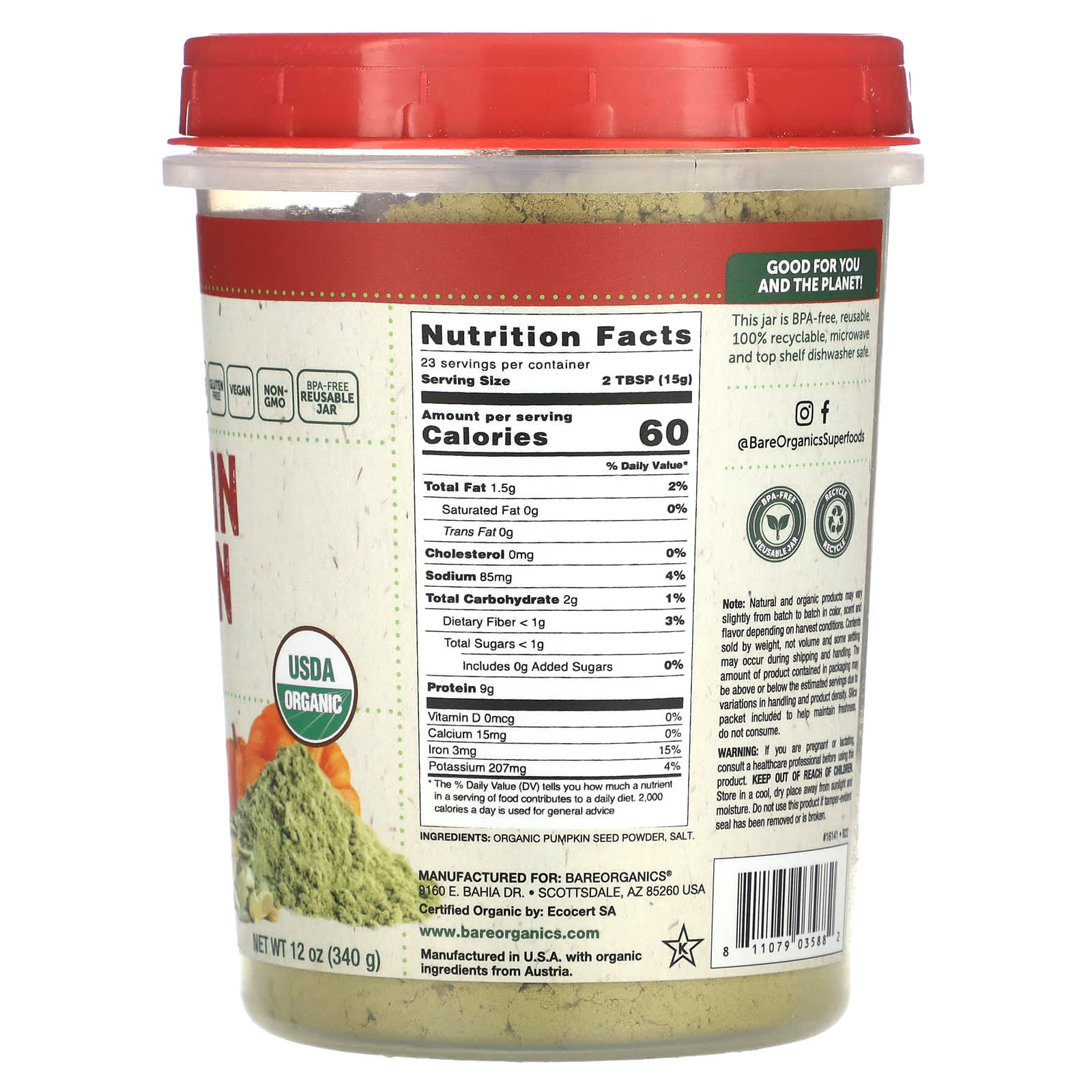 BareOrganics USDA Organic Roasted Pumpkin Protein Powder 12 oz (340g) - Image 2