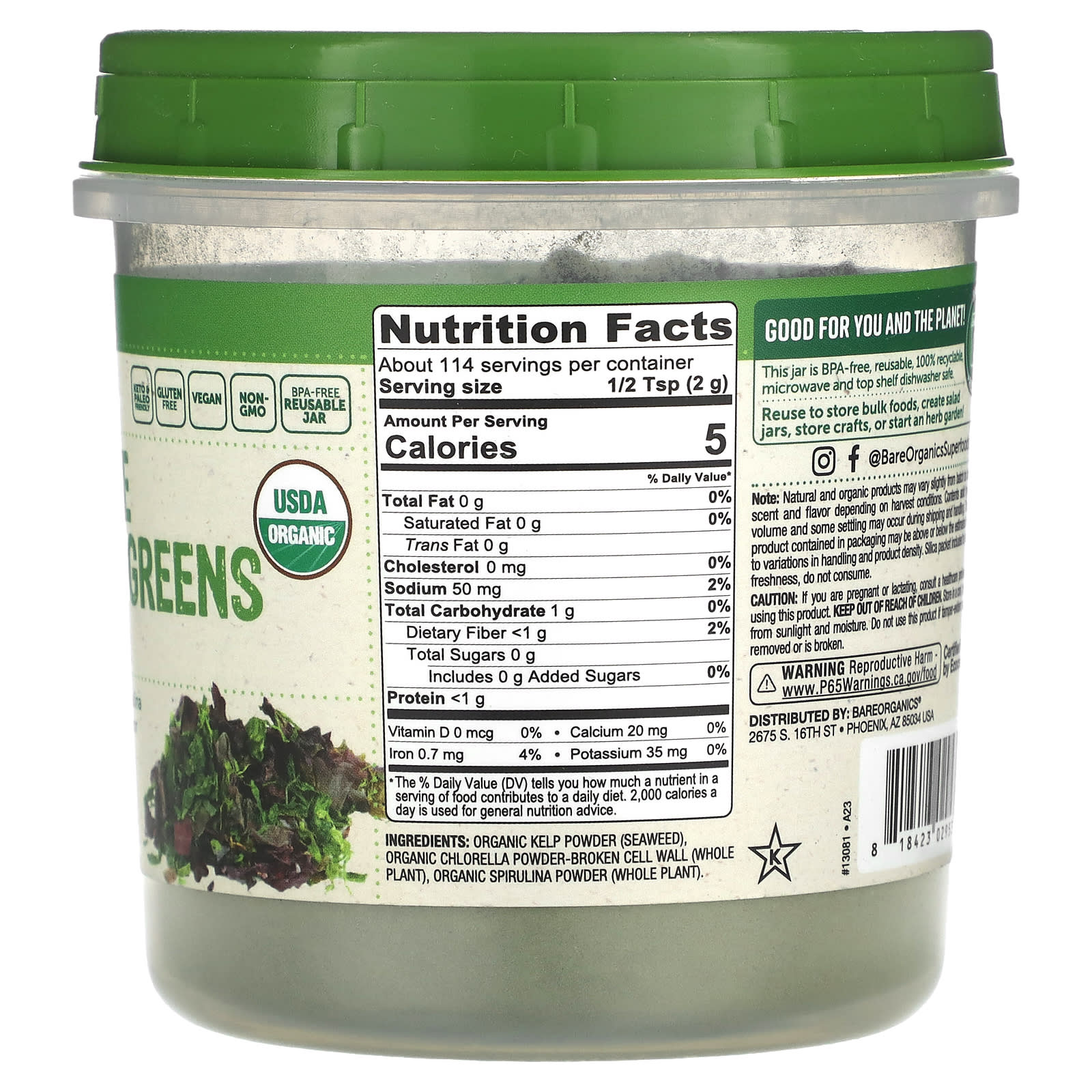BareOrganics Organic Marine Super Greens Powder, 8 oz - Boost Immunity - Image 2
