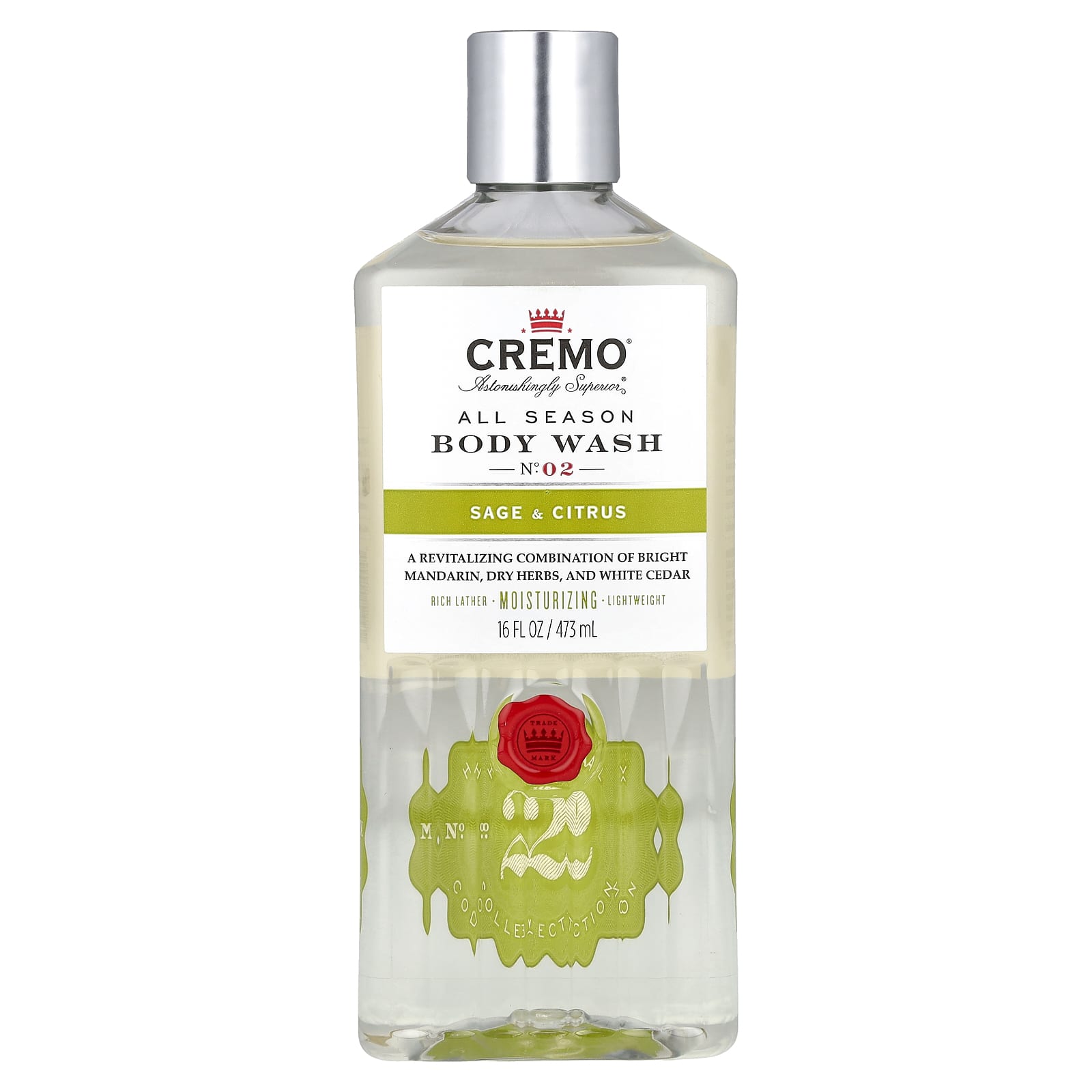 Cremo Sage & Citrus All Season Body Wash, 16 fl oz, Moisturizing & Lightweight - Image 1