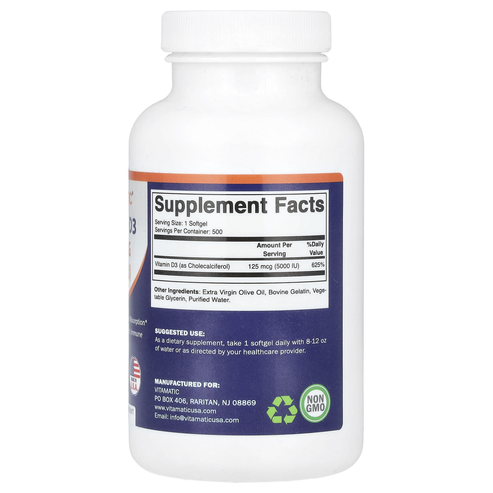 Vitamatic, Vitamin D3, 125 mcg (5,000 IU), 500 Softgels - Image 2