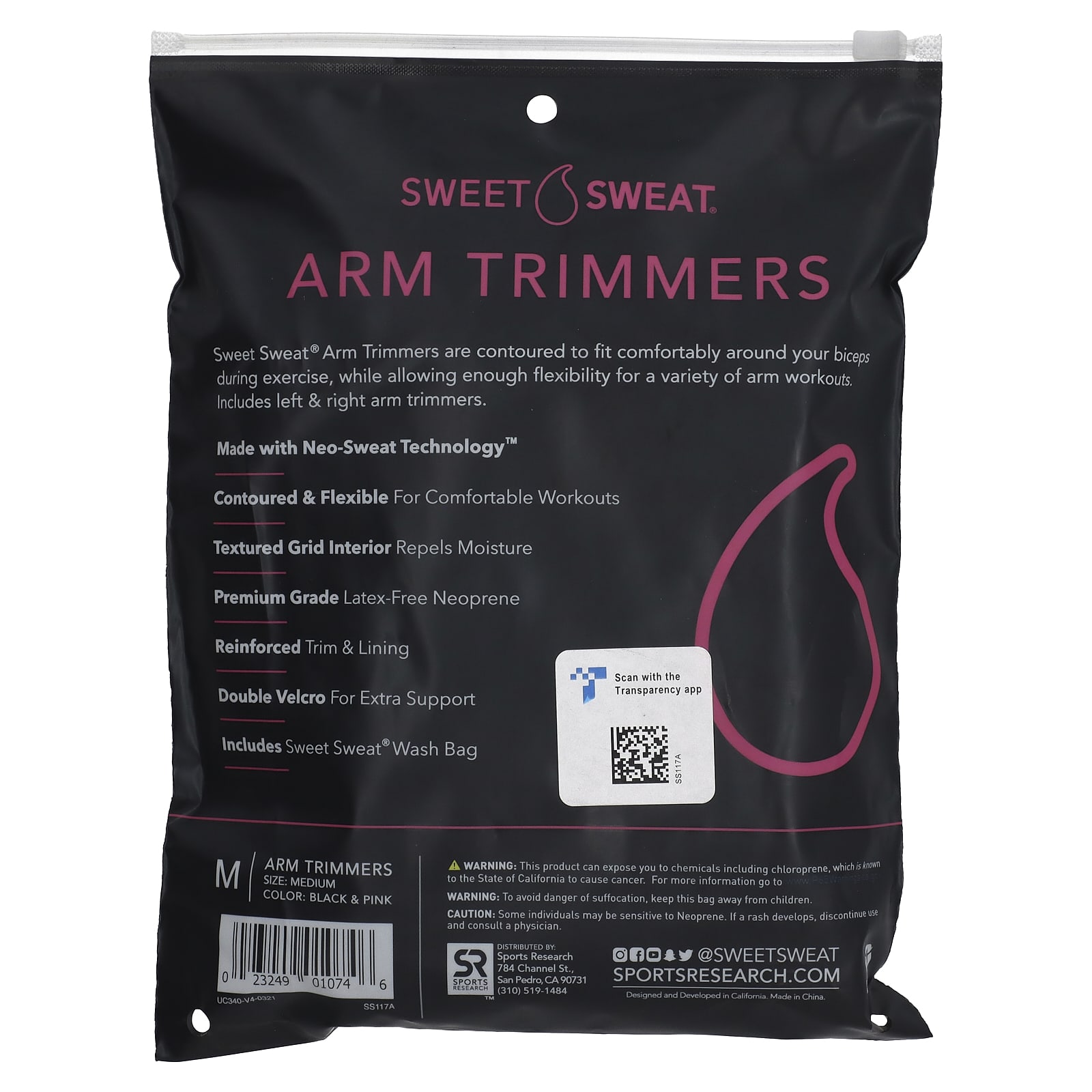 Sports Research, Sweet Sweat®, Arm Trimmers, Medium, Black & Pink, 1 Pair