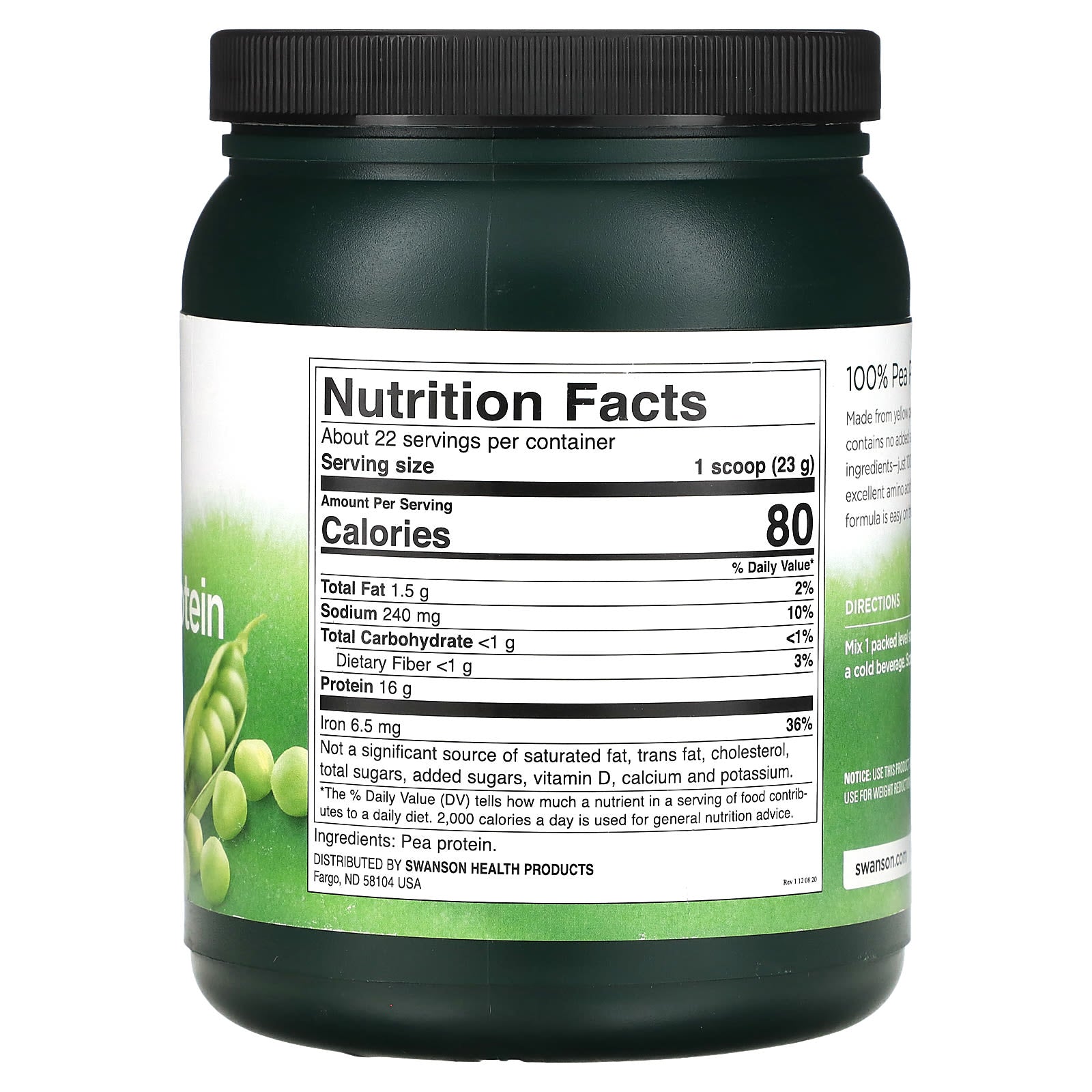 Swanson, 100% Pea Protein Powder, Unflavored, 1.1 lb (503 g) - Image 2