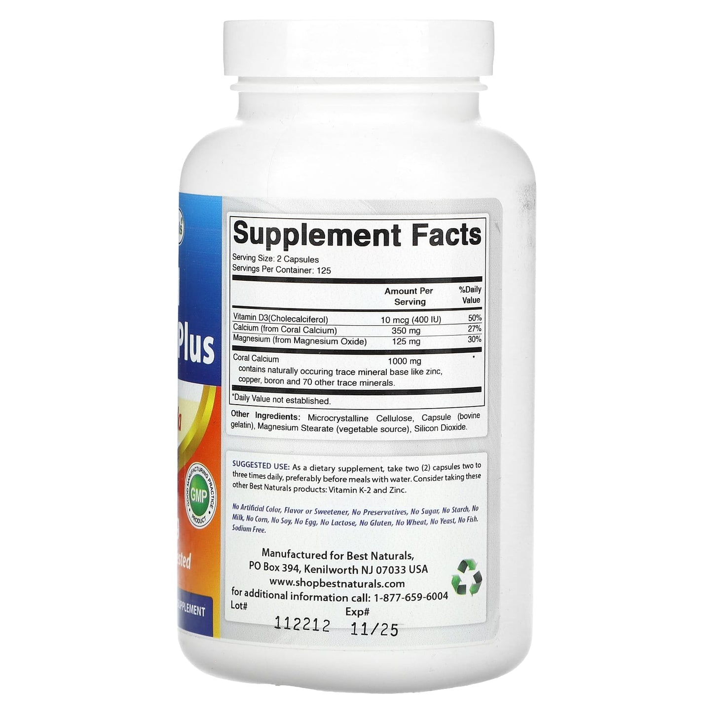 Best Naturals Coral Calcium Plus Supplement, 500mg per Capsule, 250 Count - Image 2