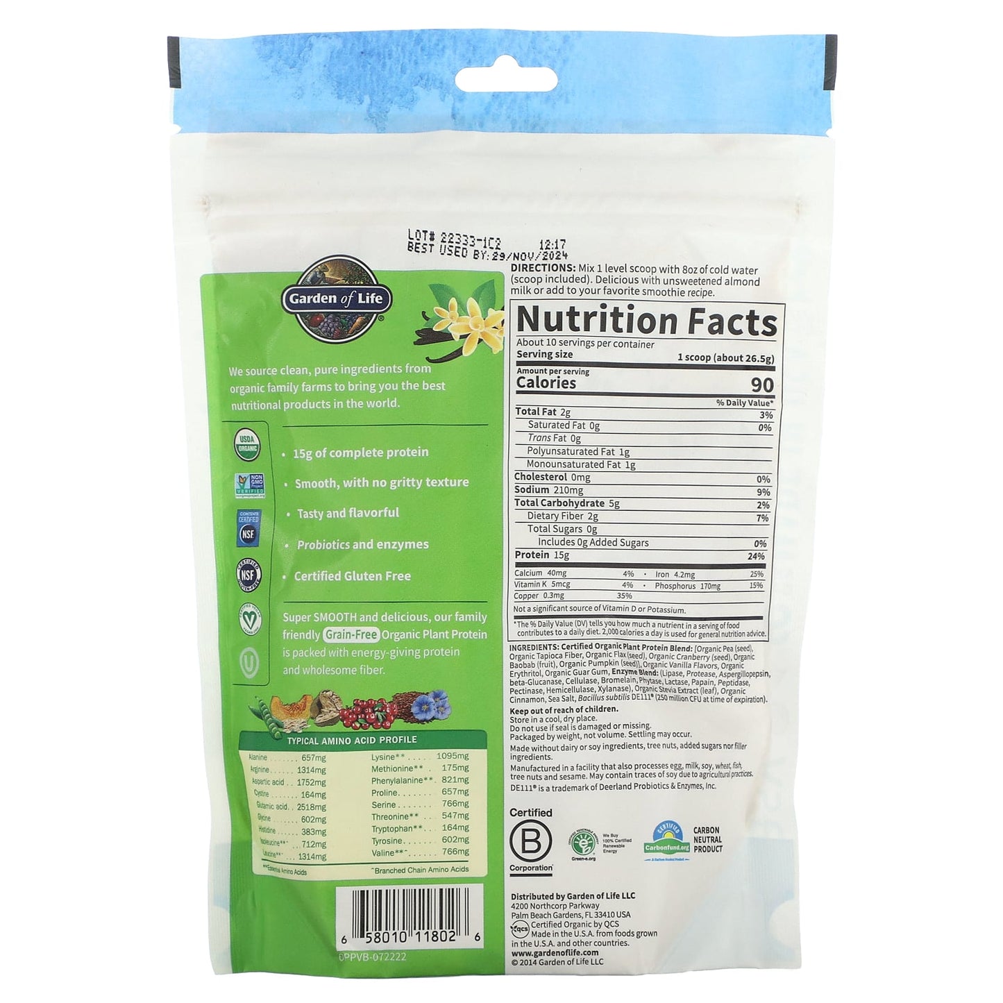Organic Plant-Based Protein Powder by Garden of Life, Smooth Vanilla - Image 2