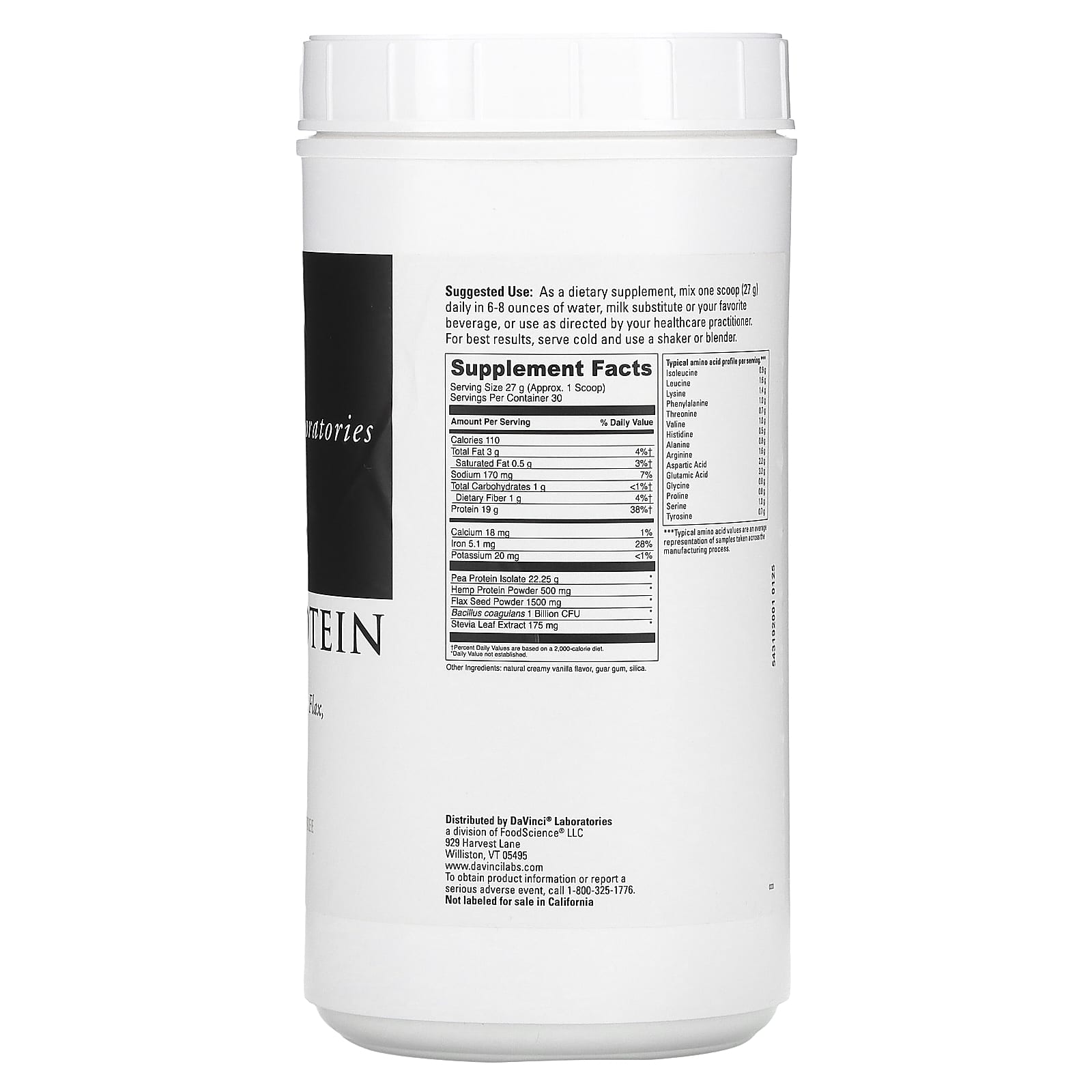 DaVinci Laboratories Vegan Protein Creamy Vanilla Powder 810g - Image 2
