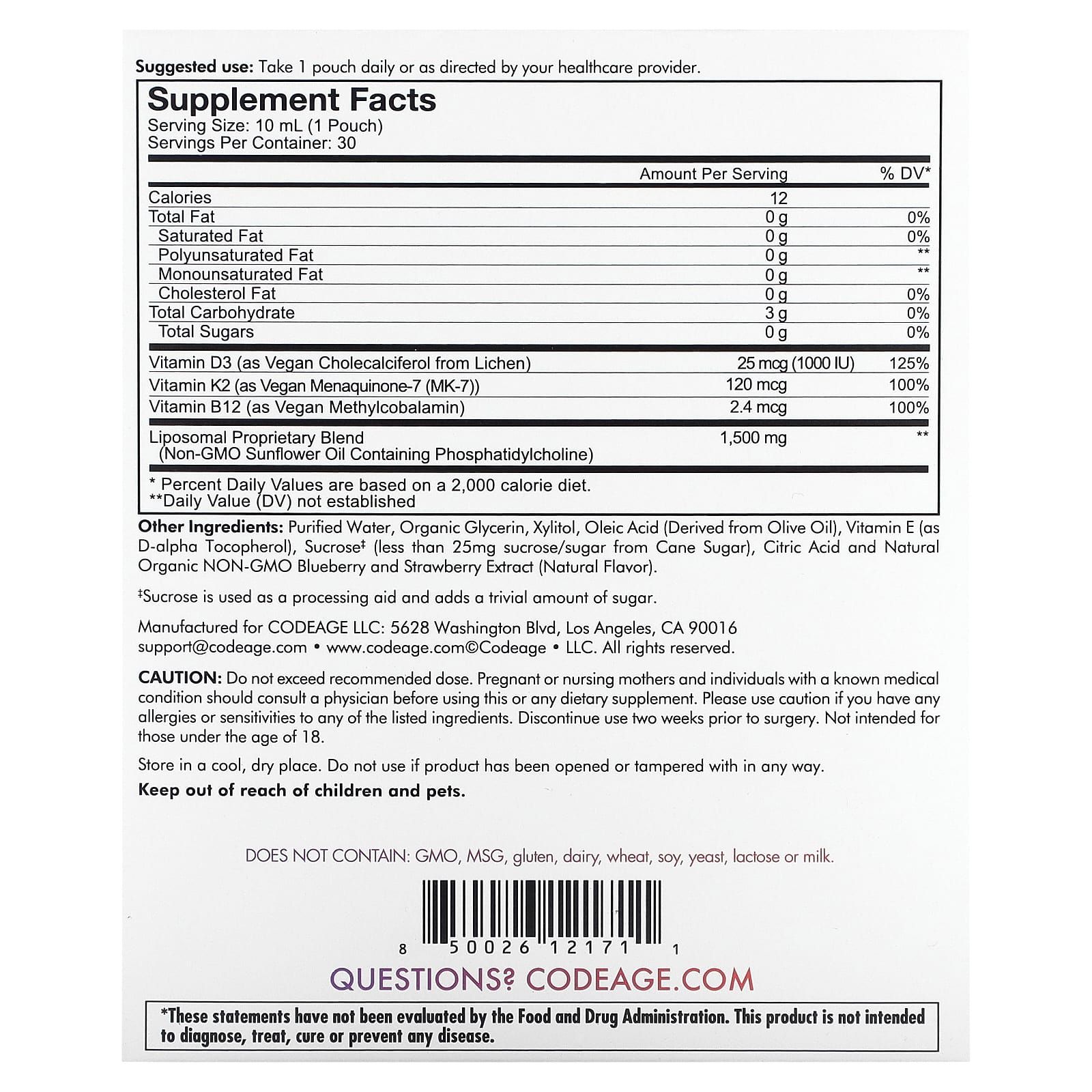 CodeAge Liposomal D3+K2+B12 Liquid Dietary Supplement, 30 Pouches - Image 2
