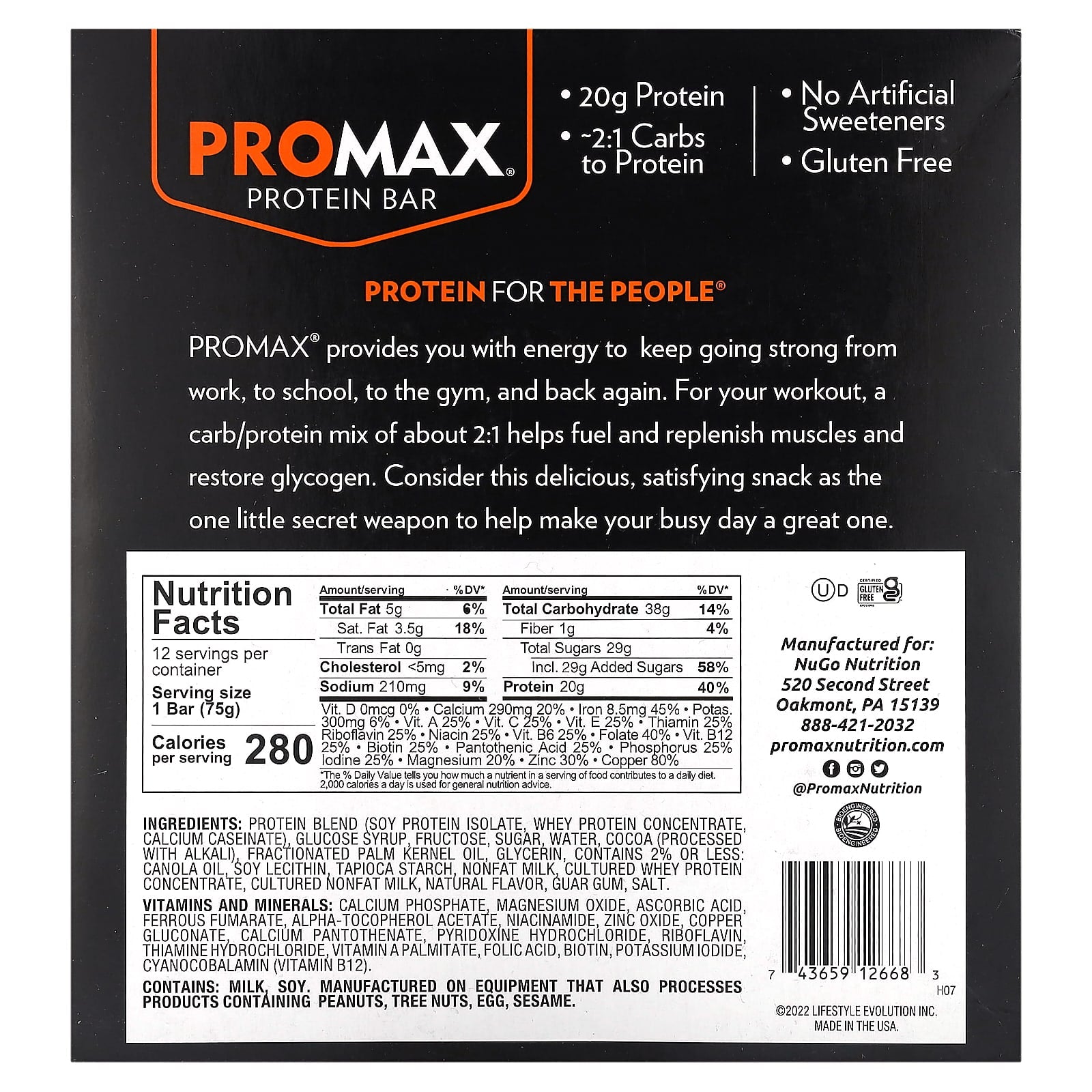 NuGo Nutrition, ProMax Protein Bar, Cookies 'n Cream, 12 Bars, 2.64 oz (75 g) Each - Image 2