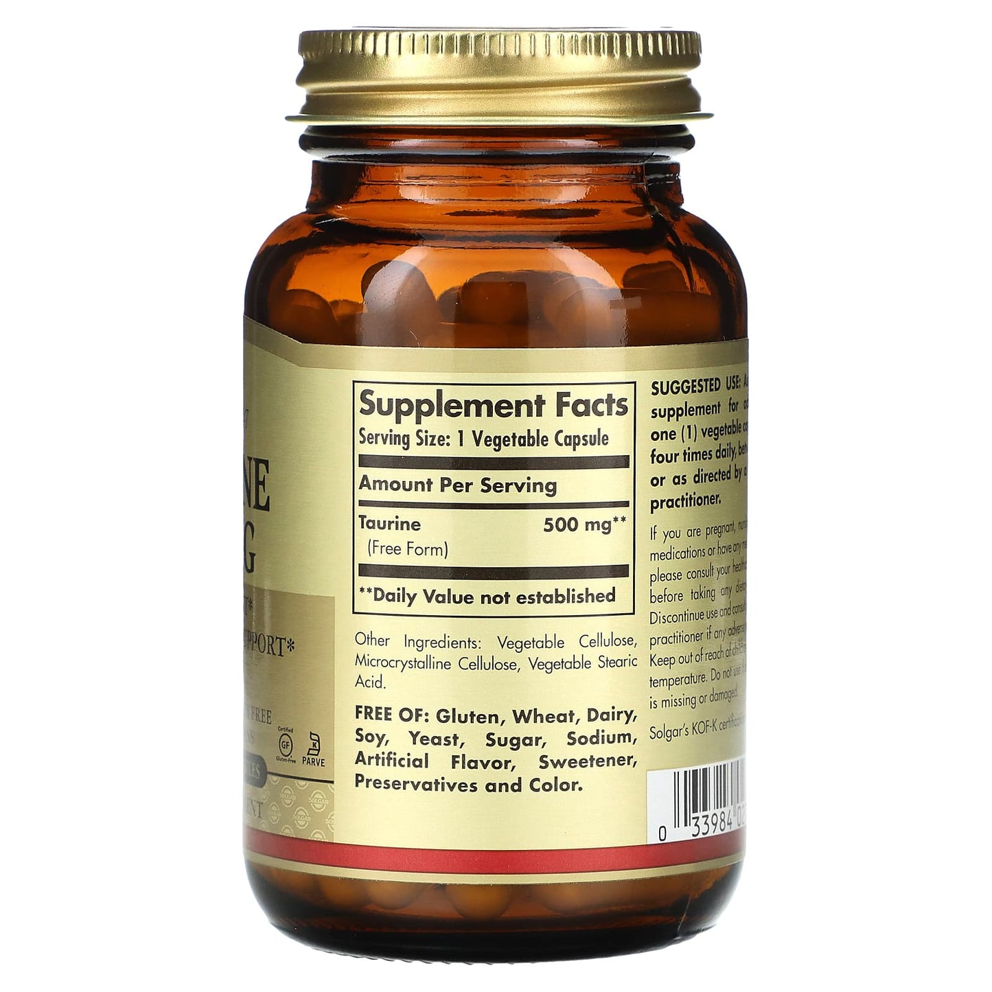 Solgar, Taurine, 500 mg, 100 Vegetable Capsules - Image 2