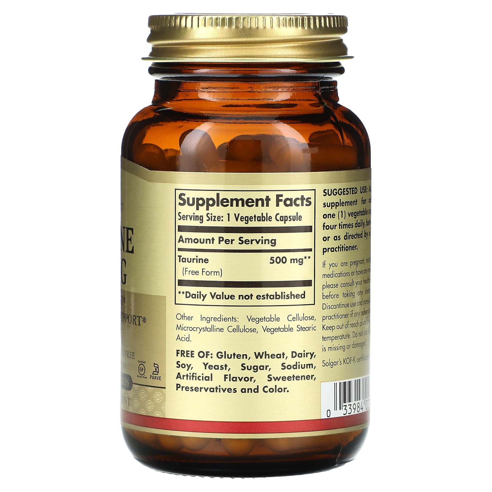 Solgar, Taurine, 500 mg, 100 Vegetable Capsules - Image 2