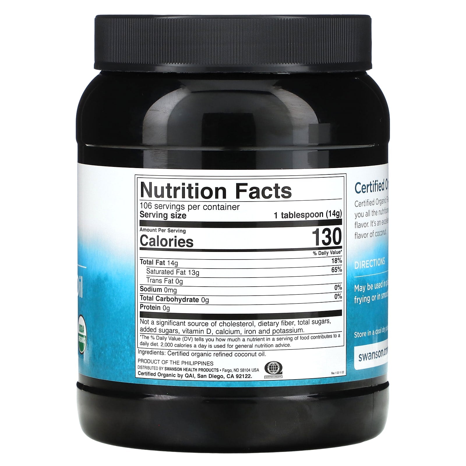 Swanson, Certified Organic Coconut Oil, Flavor Free, 3 lbs 4 oz (1.47 kg) - Image 2