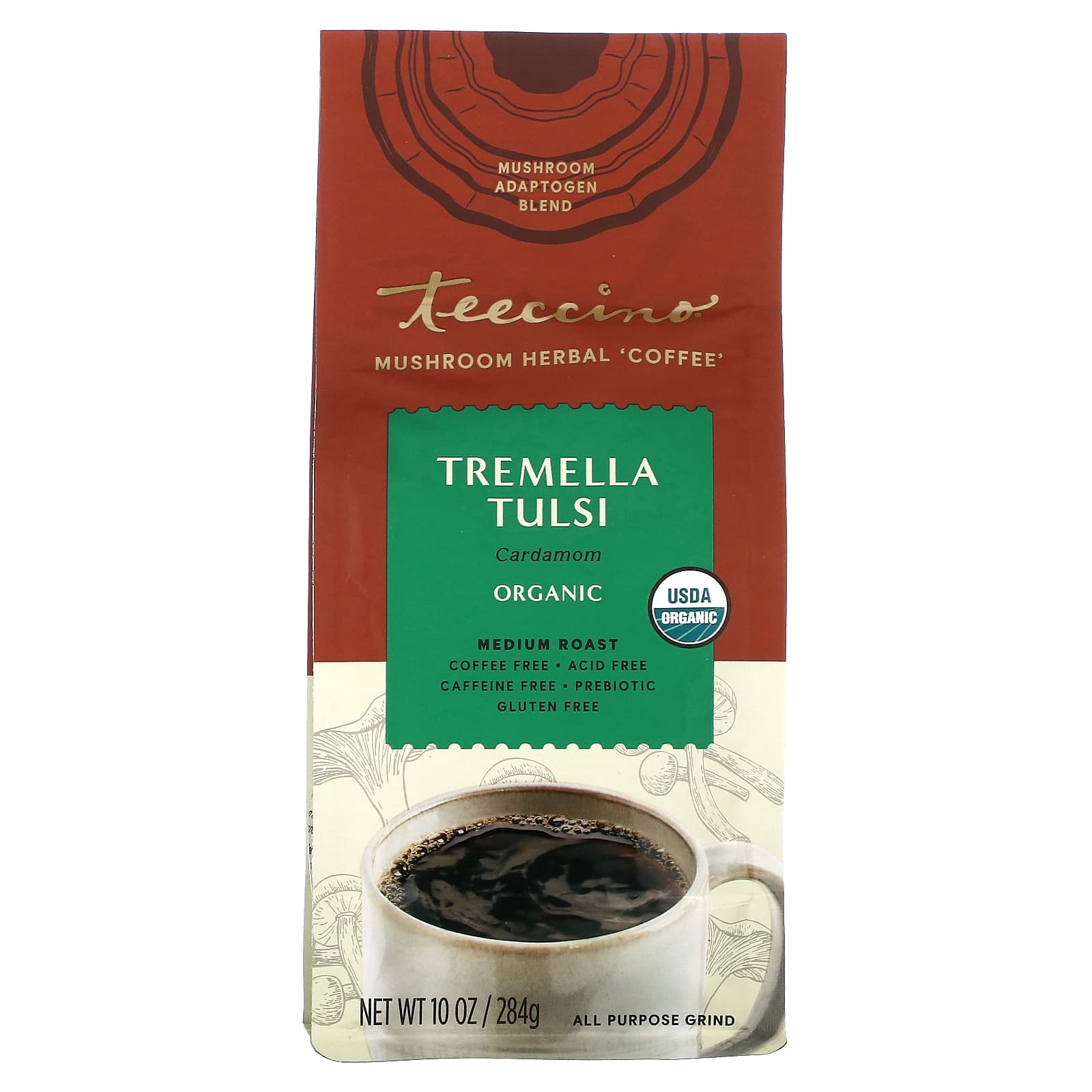 Teeccino, Organic Mushroom Herbal 'Coffee', Tremella Tulsi, Medium Roast, Caffeine Free, 10 oz (284 g) - Image 1