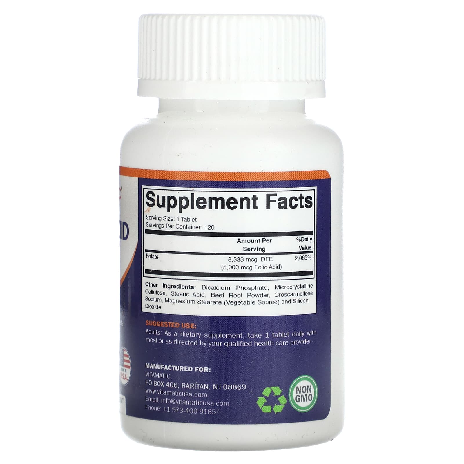 Vitamatic, Folic Acid , 5 mg , 120 Vegetarian Tablets - Image 2