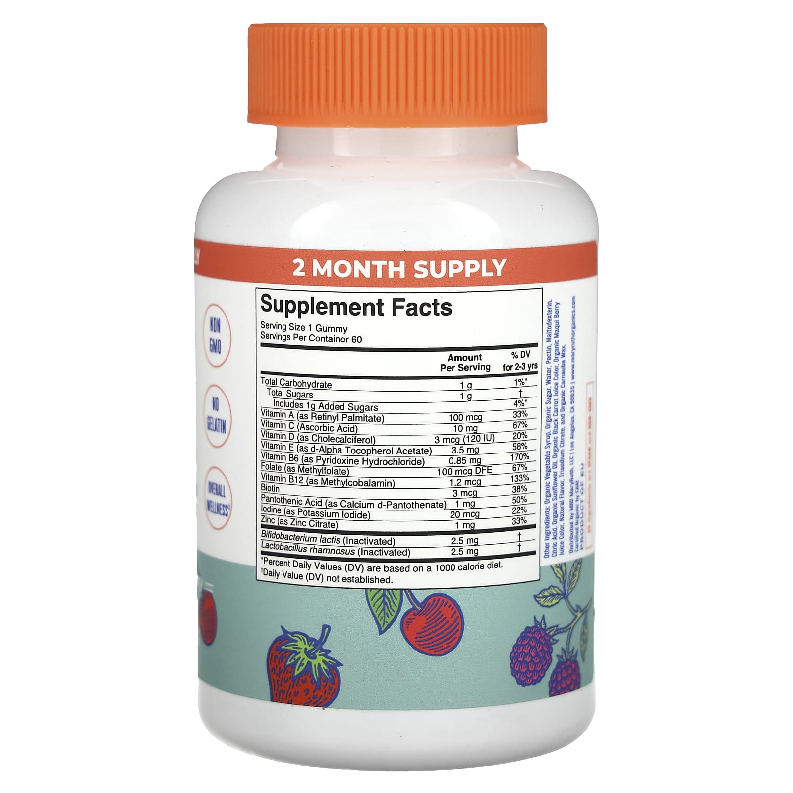 MaryRuth's, Organic Toddler Multivitamin & Postbiotics Gummies, Mixed Berry & Cherry, 60 Gummies