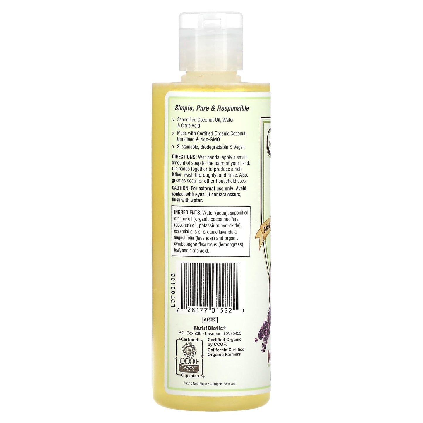 NutriBiotic, Pure Coconut Oil Soap, Lavender Lemongrass, 8 fl oz (236 ml) - Image 2