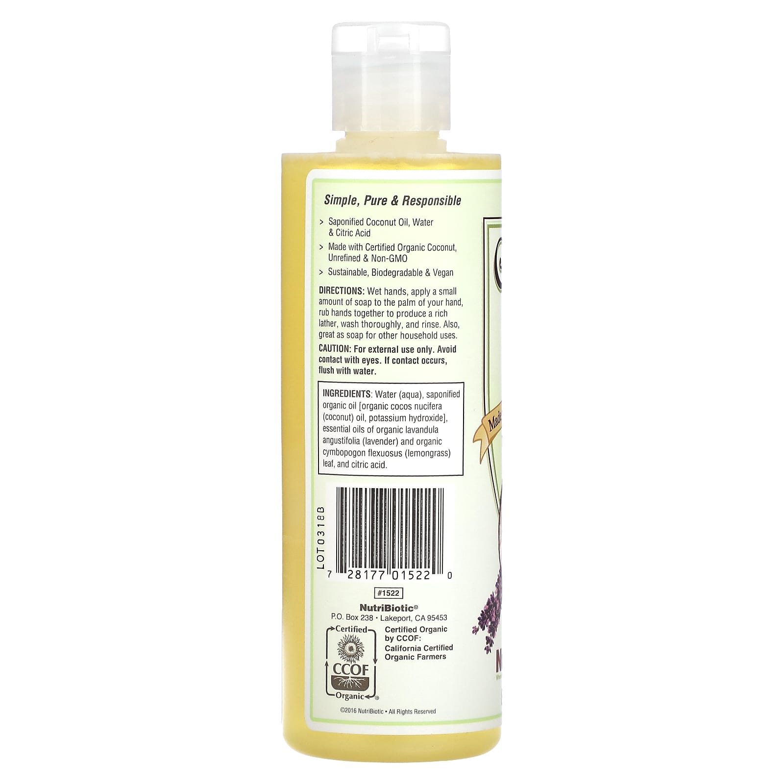 NutriBiotic, Pure Coconut Oil Soap, Lavender Lemongrass, 8 fl oz (236 ml) - Image 2