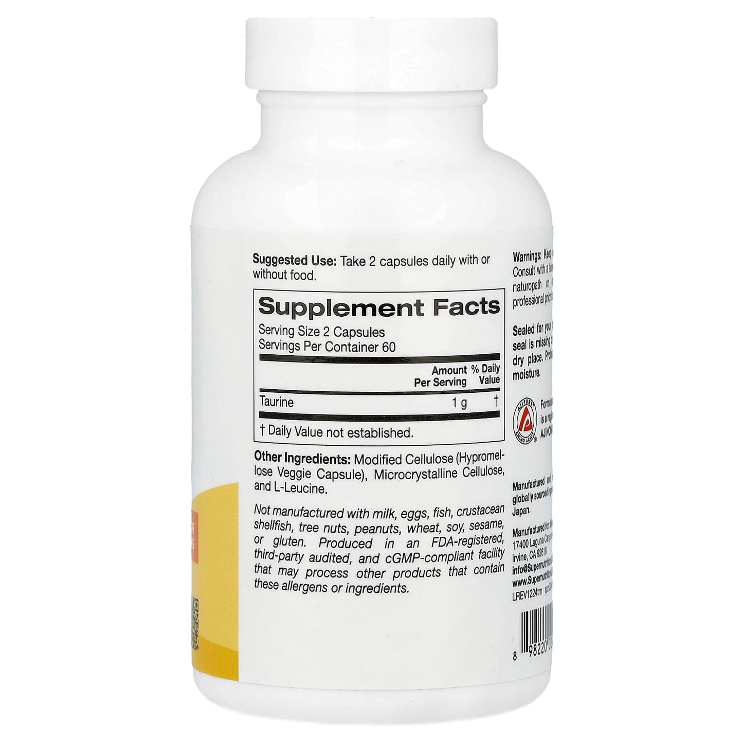 Taurine Supplement for Hydration & Endurance - 120 Capsules - Image 2