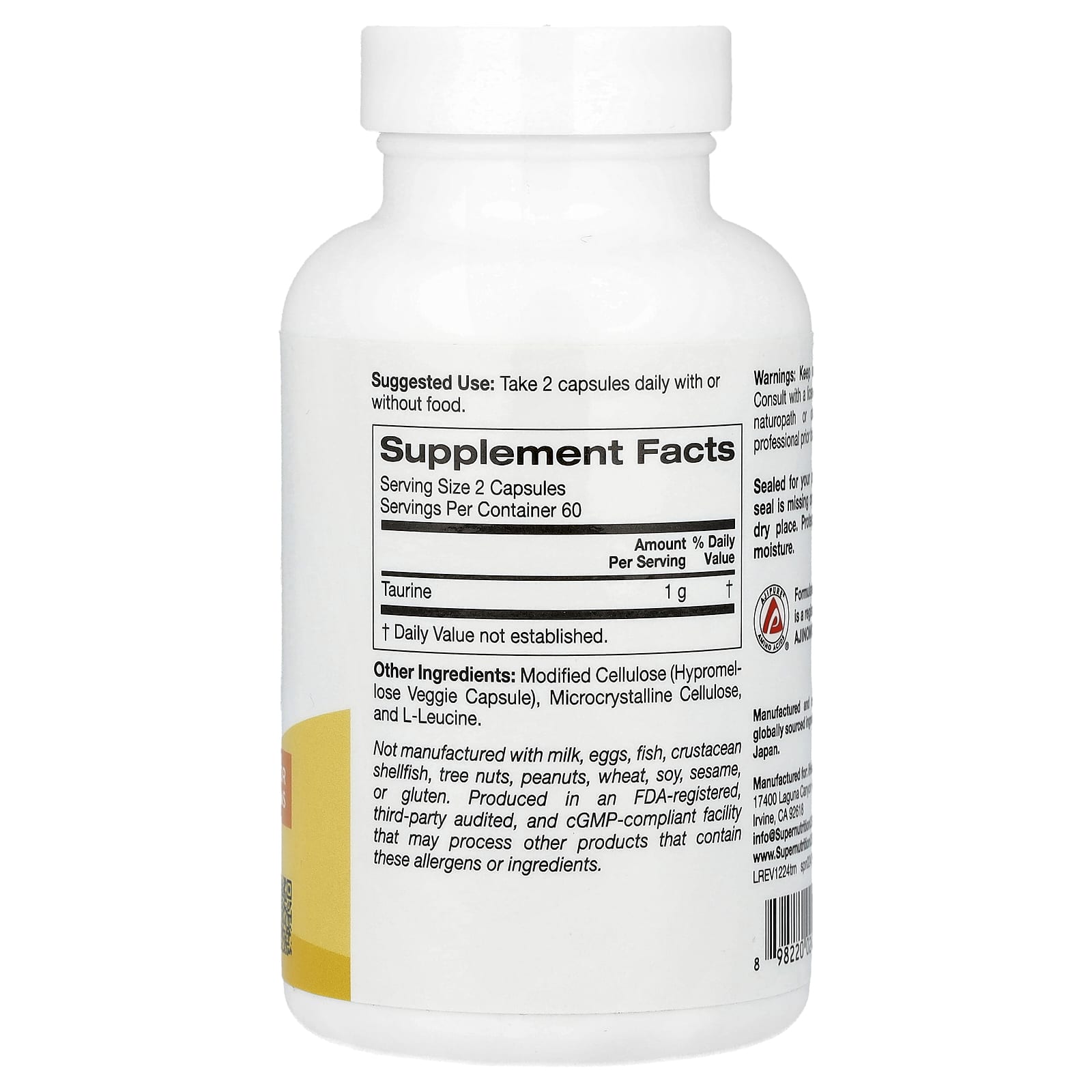 Taurine Supplement for Hydration & Endurance - 120 Capsules - Image 2