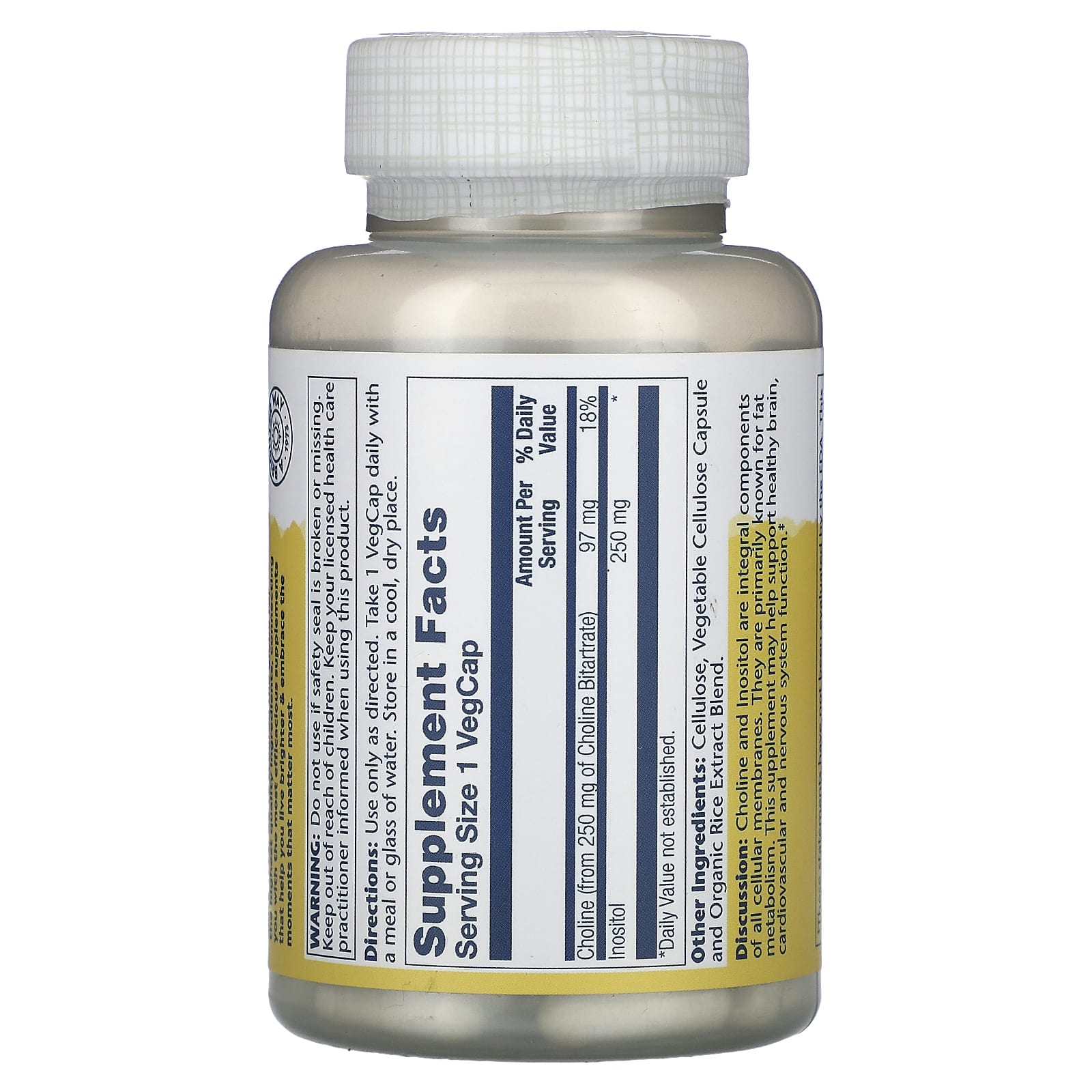 Solaray, Choline & Inositol, 250 mg, 100 VegCaps - Image 2