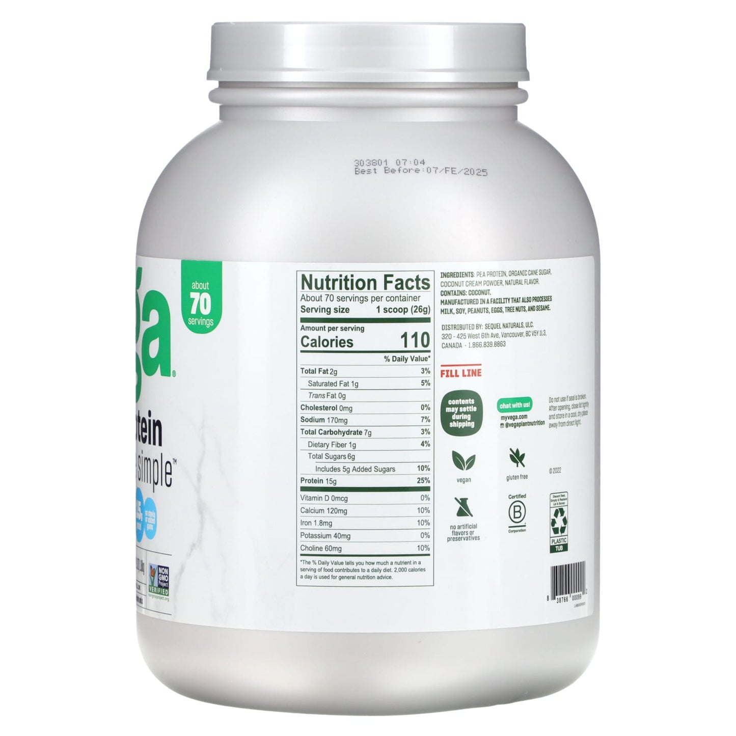 Vega, Plant-Based Protein Made Simple, Vanilla, 4 lbs (0.1 oz) - Image 2