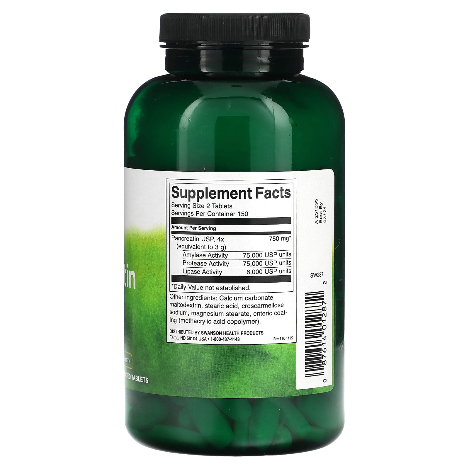 Swanson, Pancreatin 4X, Triple Strength, 375 mg, 300 Enteric-Coated Tablets - Image 2