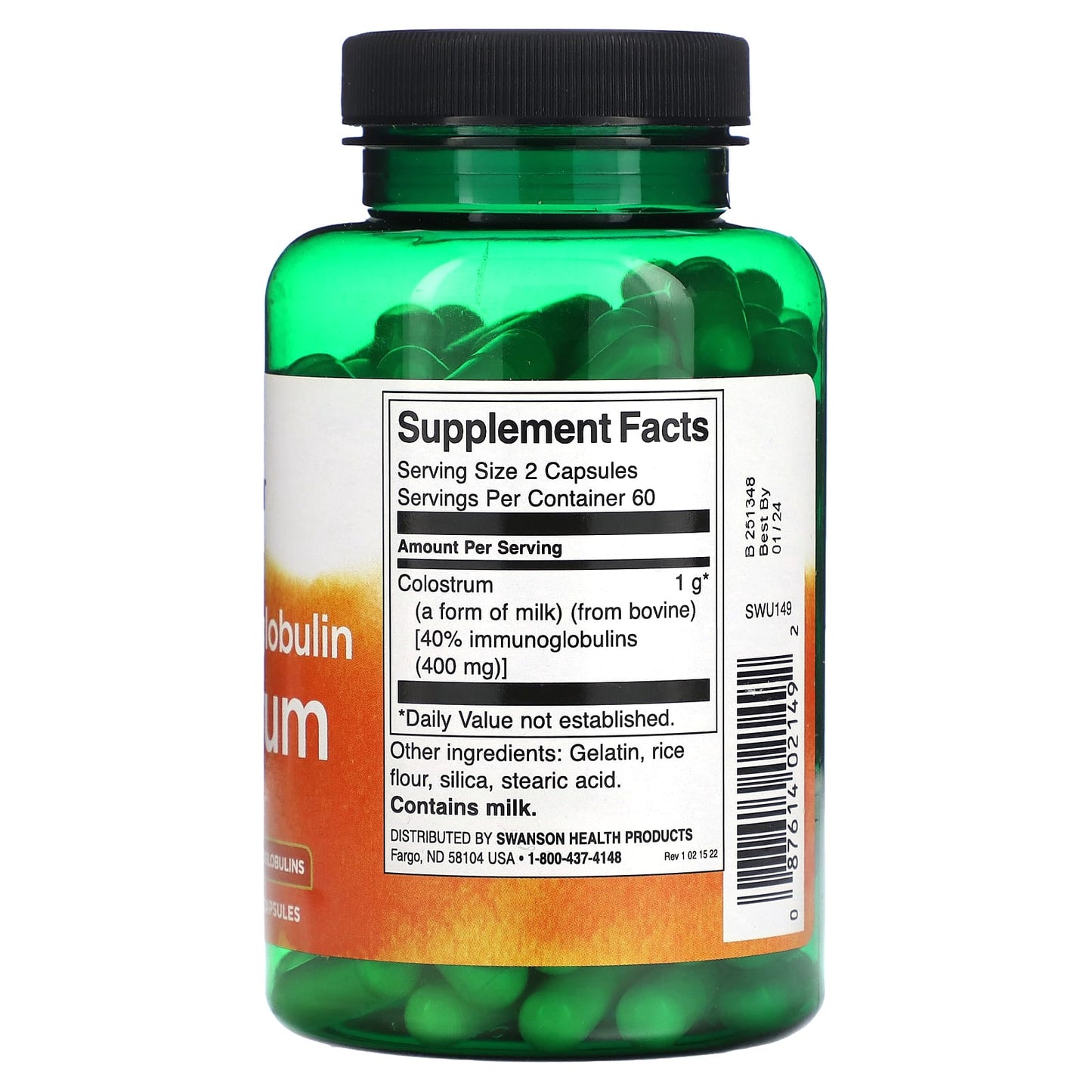 Swanson, High Immunoglobulin Colostrum, 500 mg, 120 Capsules - Image 2