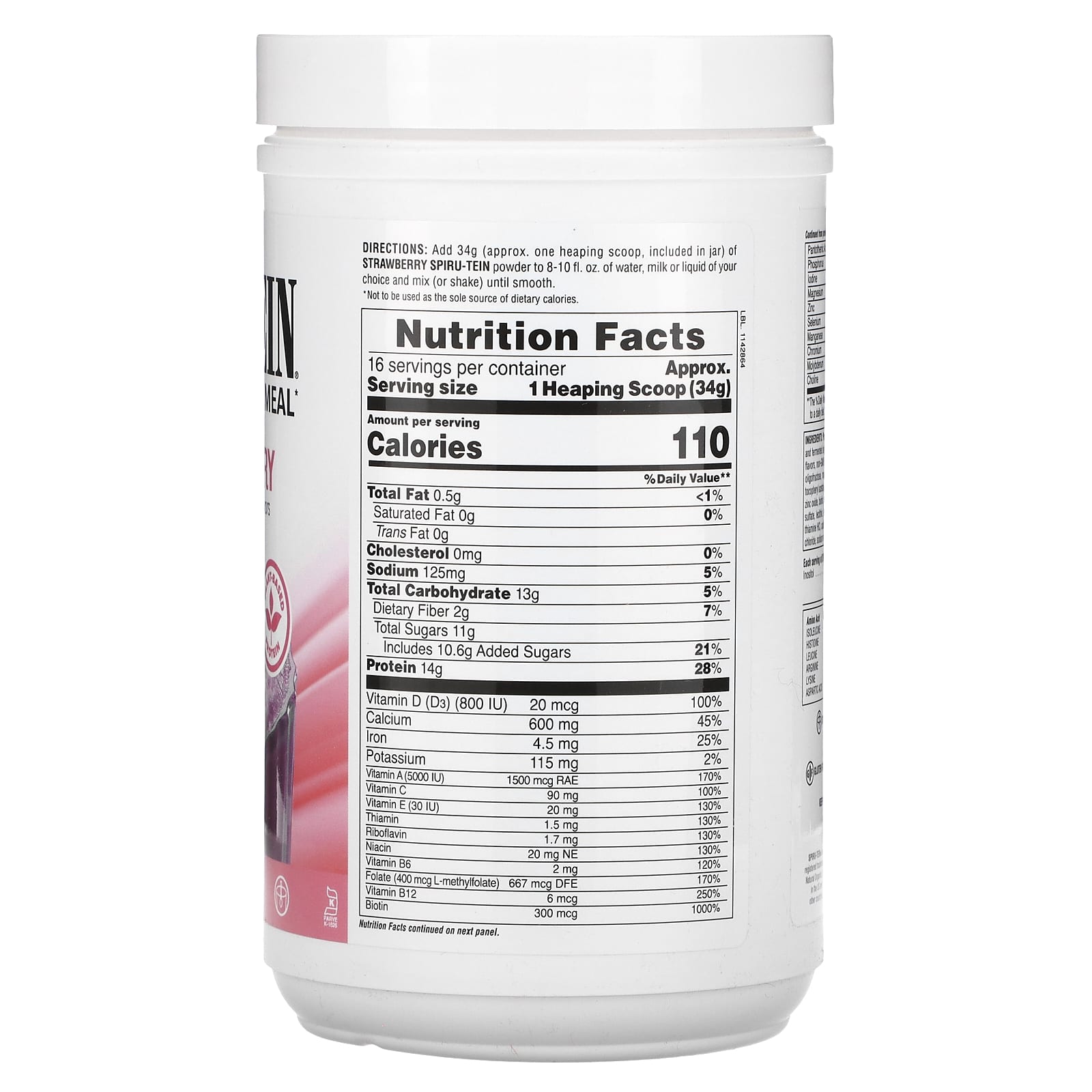 NaturesPlus, Spiru-Tein, Protein Powder Meal, Strawberry, 1.2 lbs (544 g) - Image 2