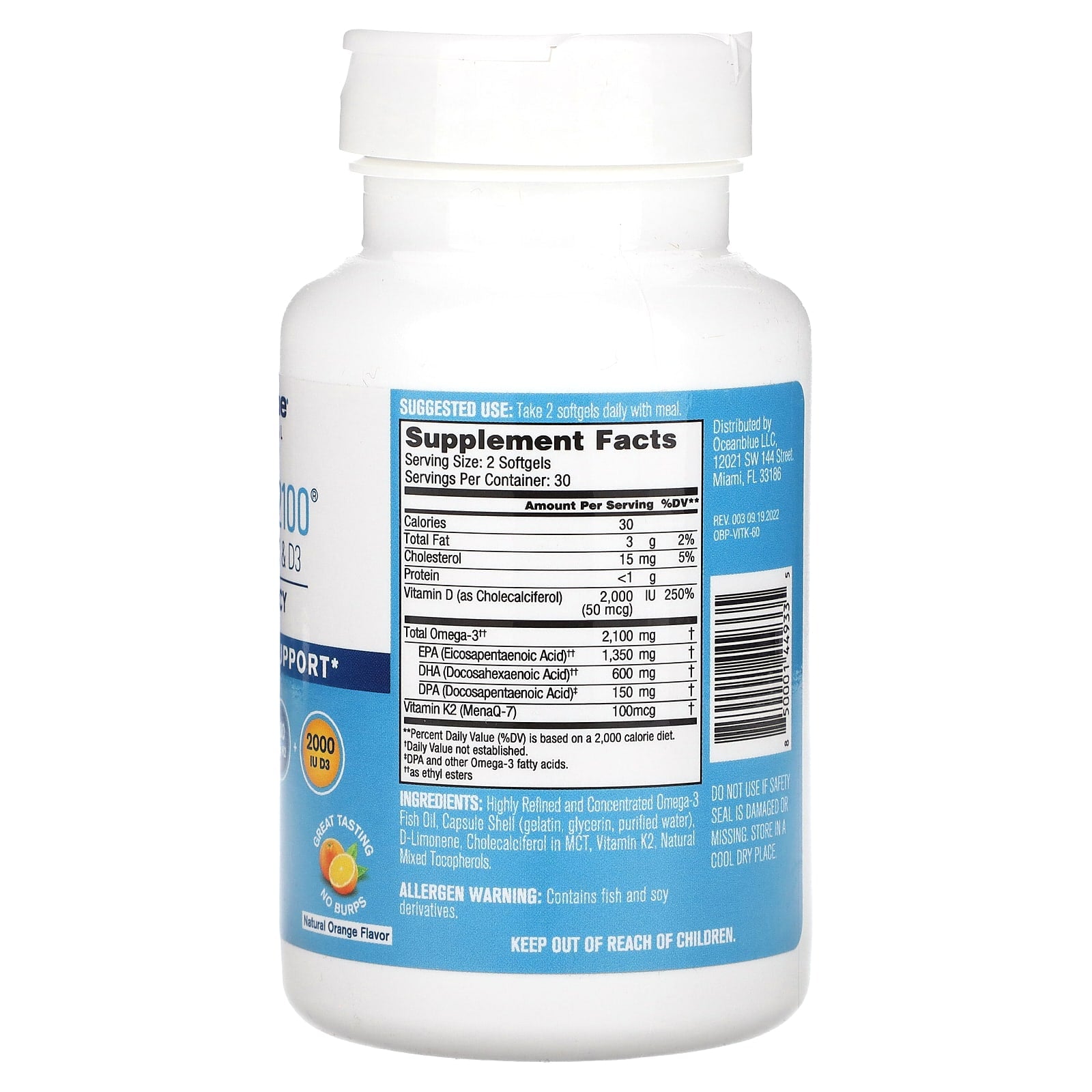 OceanBlue, Professional, Omega-3 2100 With Vitamin K2 & D3, High-Potency, Natural Orange, 60 Softgels