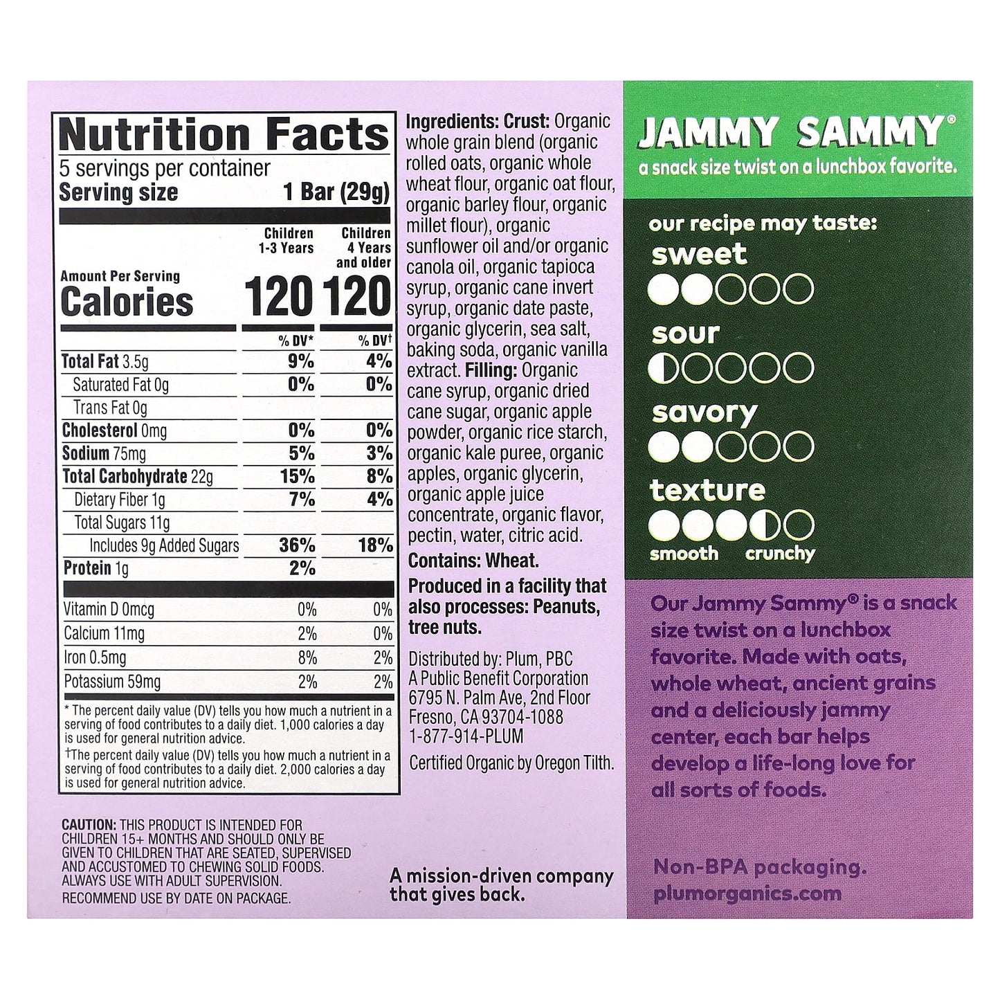 Plum Organics, Jammy Sammy, Snack Size Sandwich Bar, 15 Months and Up, Apple, Kale + Oatmeal, 5 Bars, 1.02 oz (29 g) Each - Image 2